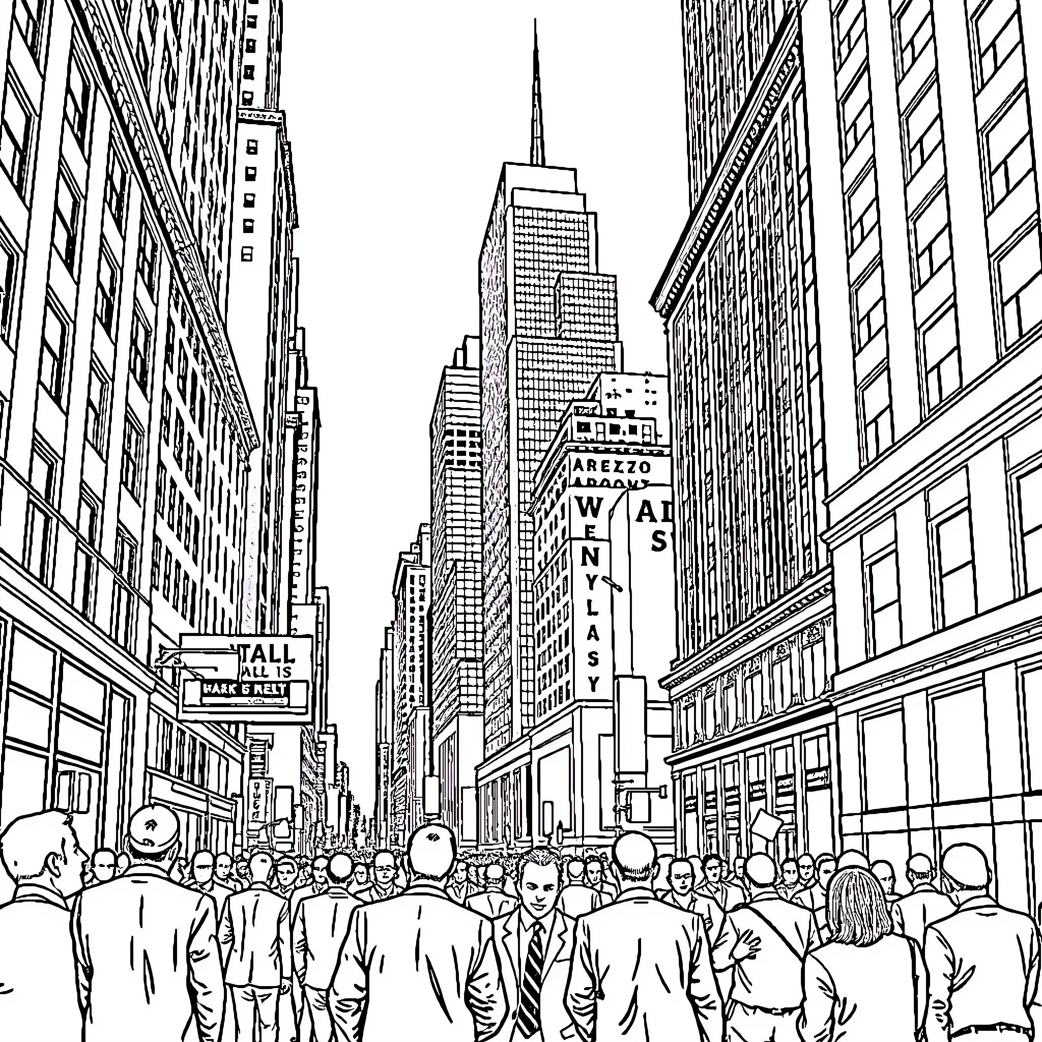 Wall Street Bustling with Businesspeople and Skyscrapers Coloring Page (free black-and-white line drawing printable PDF for all, from beginners to advanced learners, including children, teens, adults, and seniors)