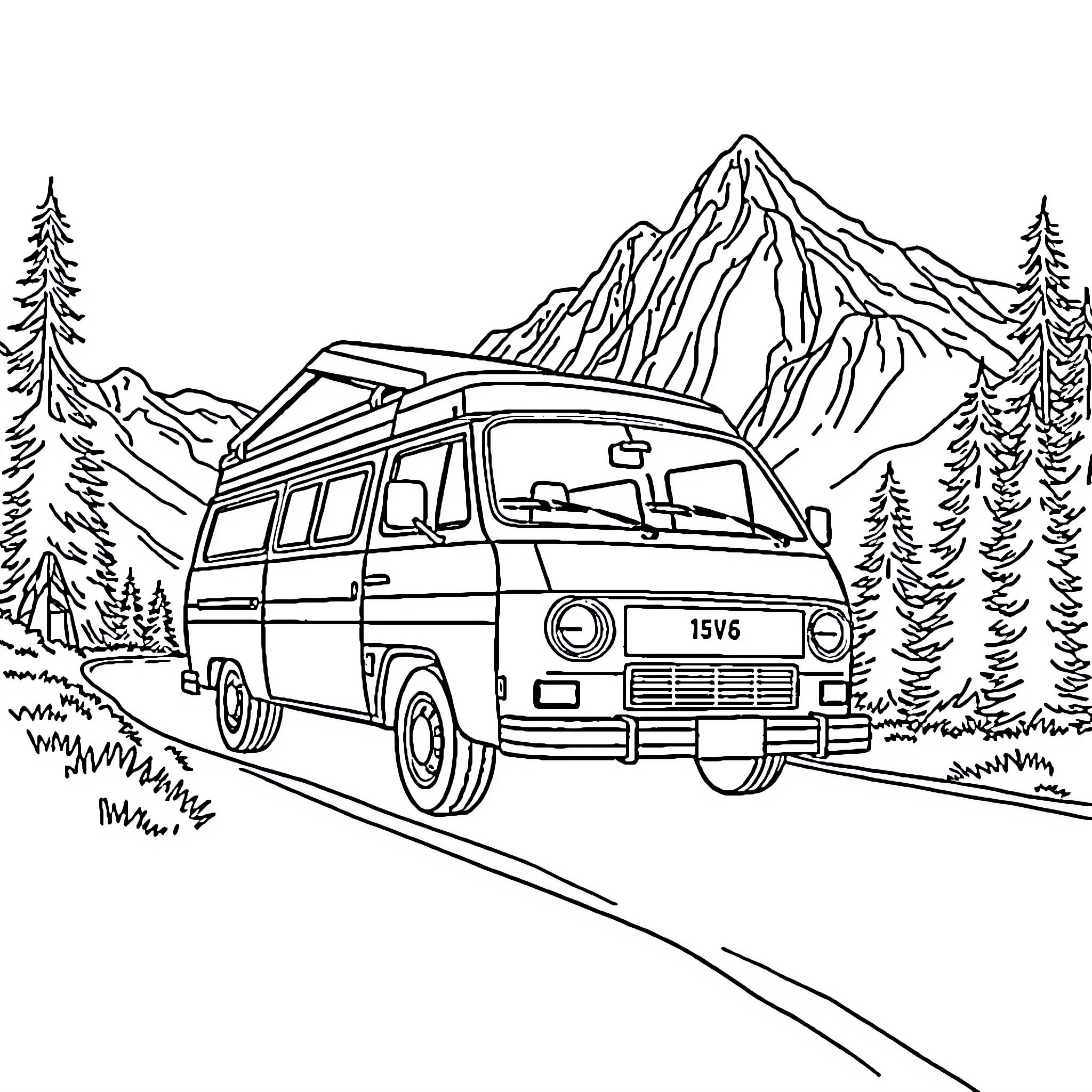 Westfalia campervan exploring mountainous landscapes Coloring Page (free black-and-white line drawing printable PDF for all, from beginners to advanced learners, including children, teens, adults, and seniors)