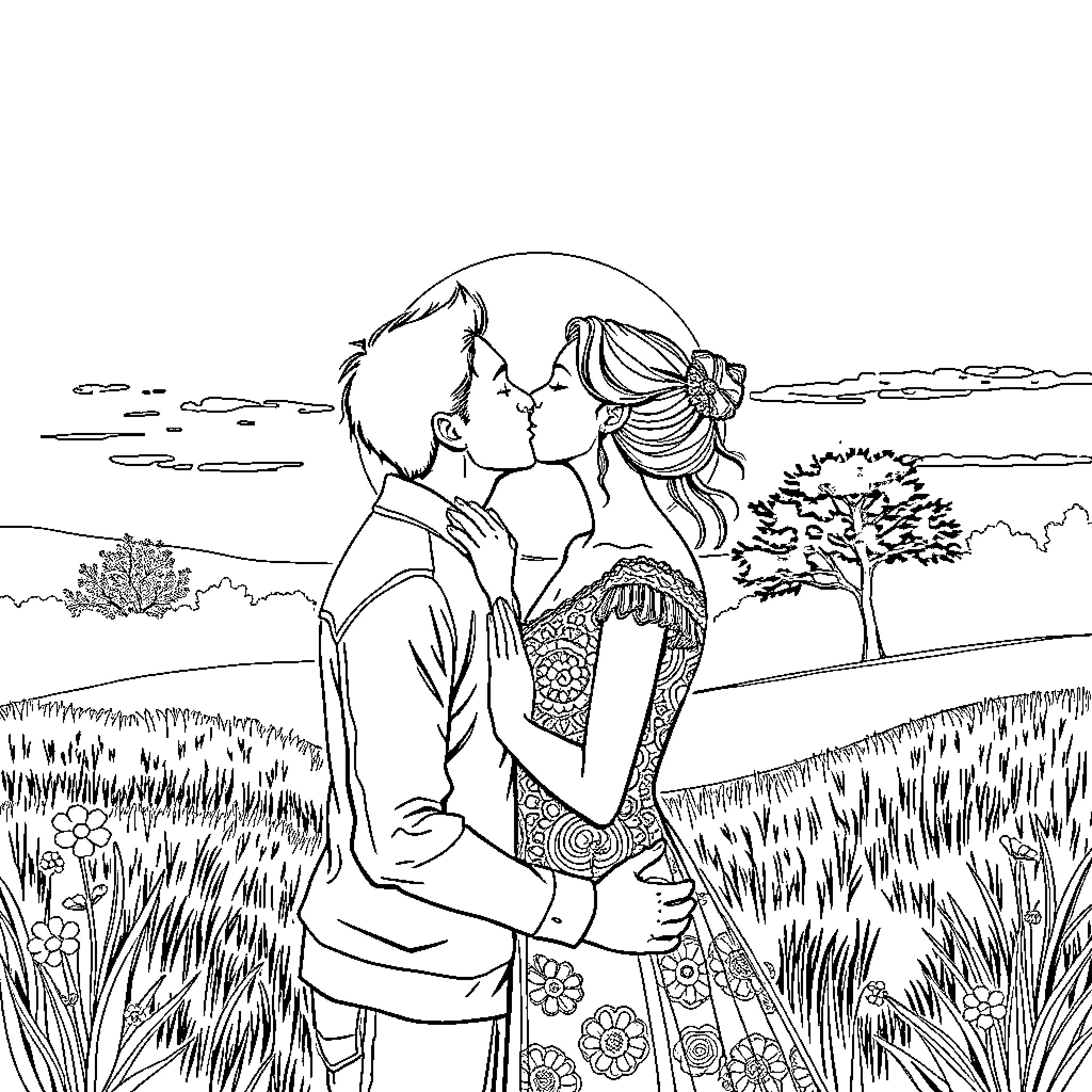 Kiss of Lovers in Scenic Countryside Coloring Page (free black-and-white line drawing printable PDF for all, from beginners to advanced learners, including children, teens, adults, and seniors)