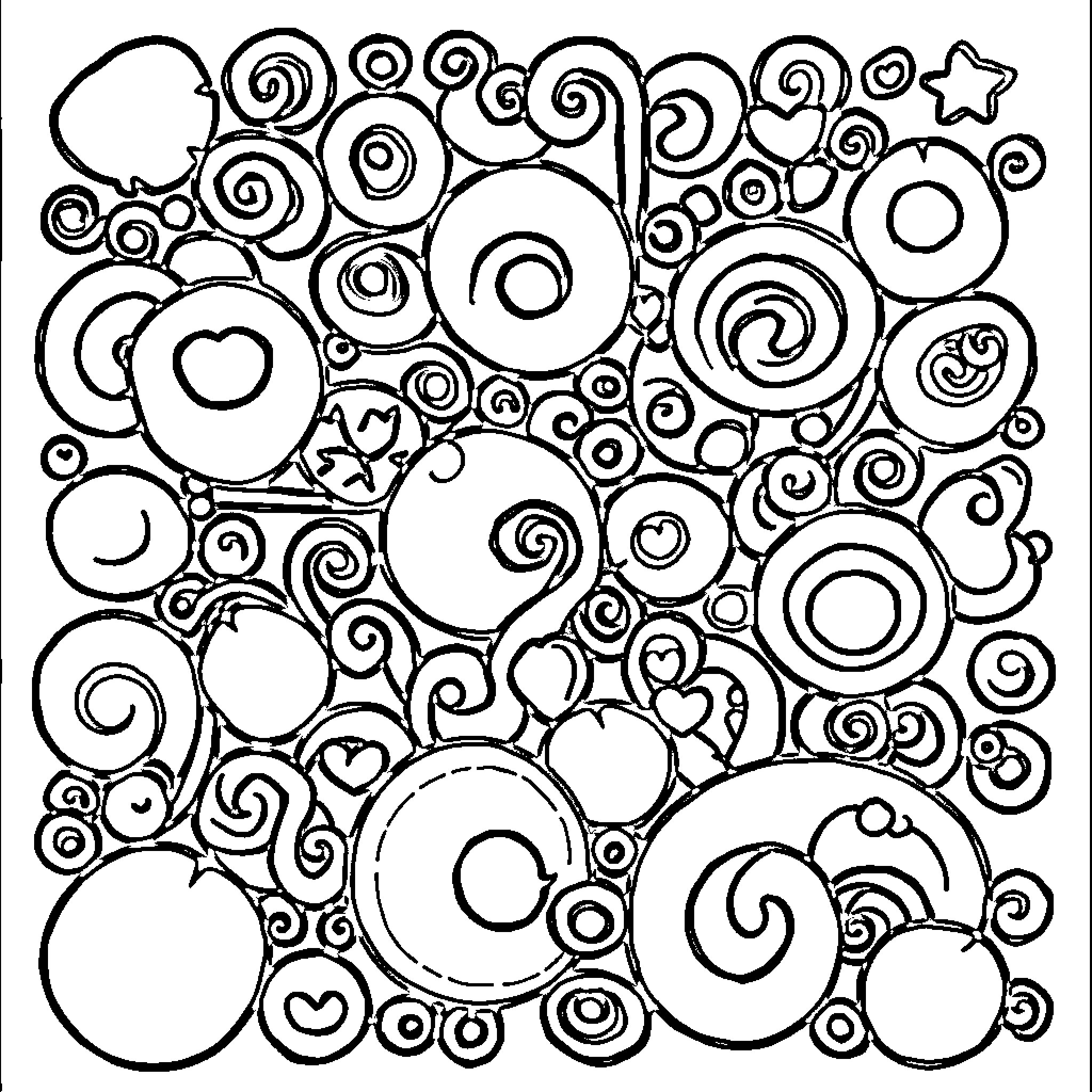 Doodle of Whimsical Swirls and Shapes Coloring Page (free black-and-white line drawing printable PDF for all, from beginners to advanced learners, including children, teens, adults, and seniors)