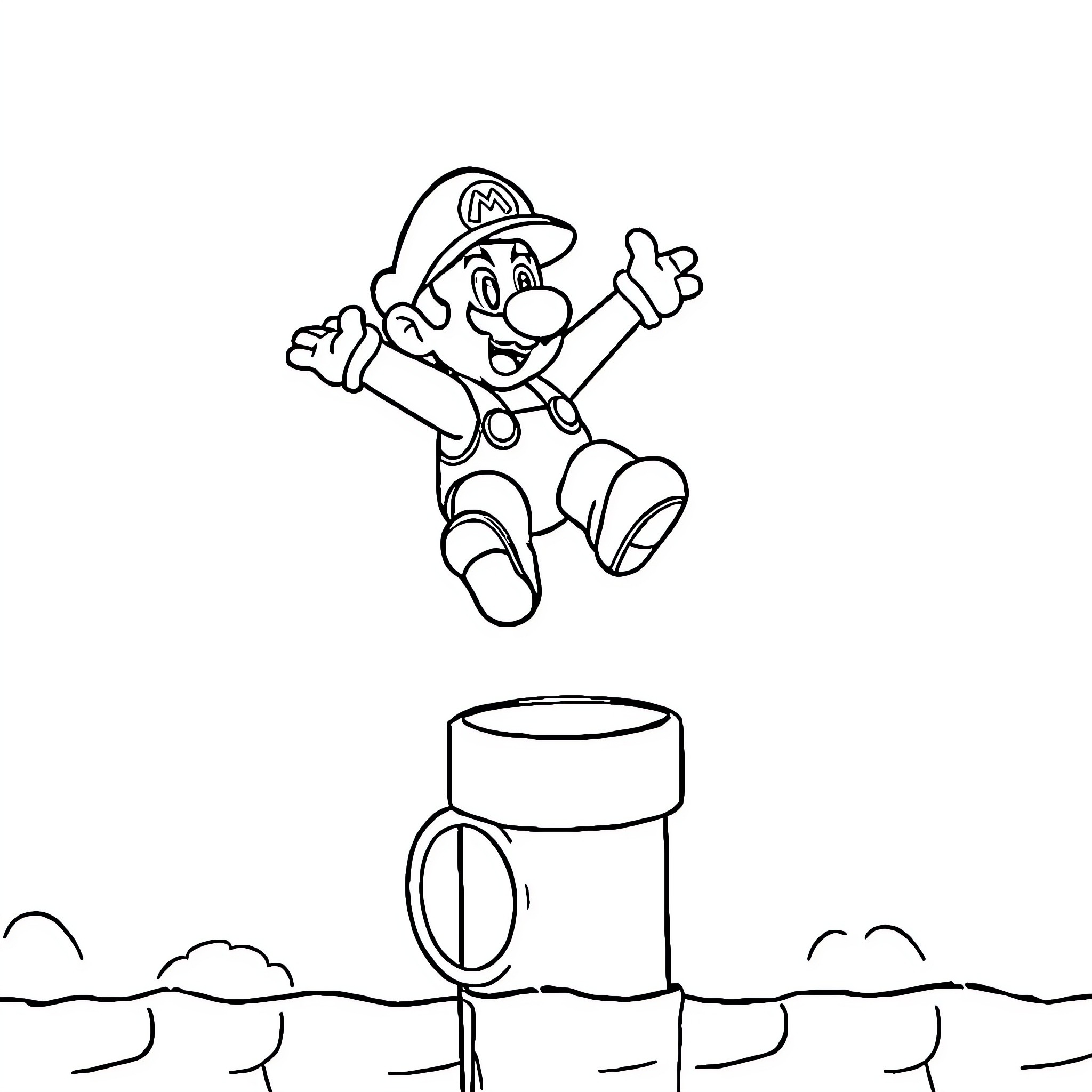 Mario jumping happily through a level Coloring Page (free black-and-white line drawing printable PDF for all, from beginners to advanced learners, including children, teens, adults, and seniors)