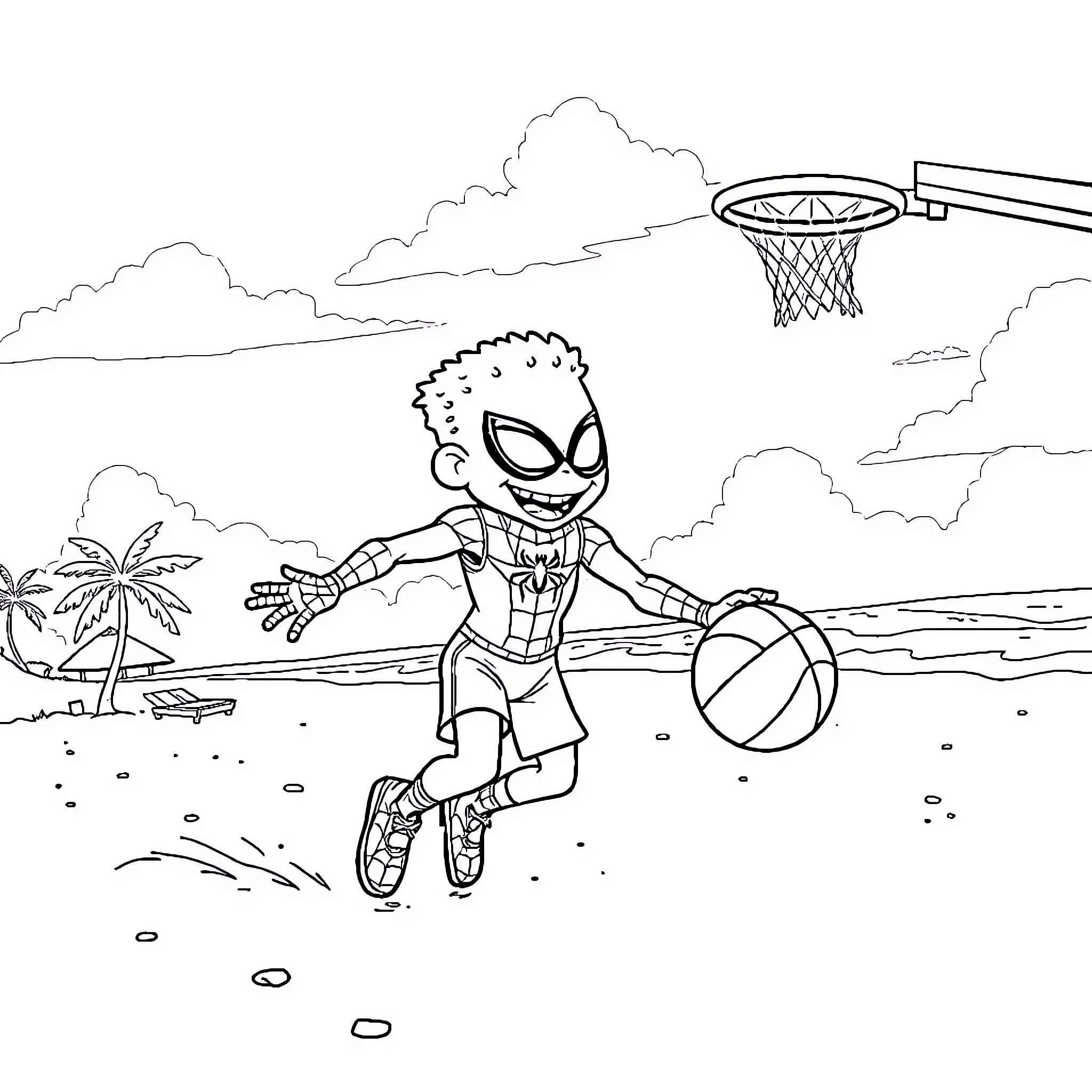 Biscuit Dribbling Playfully on the Beach Coloring Page (free black-and-white line drawing printable PDF for all, from beginners to advanced learners, including children, teens, adults, and seniors)