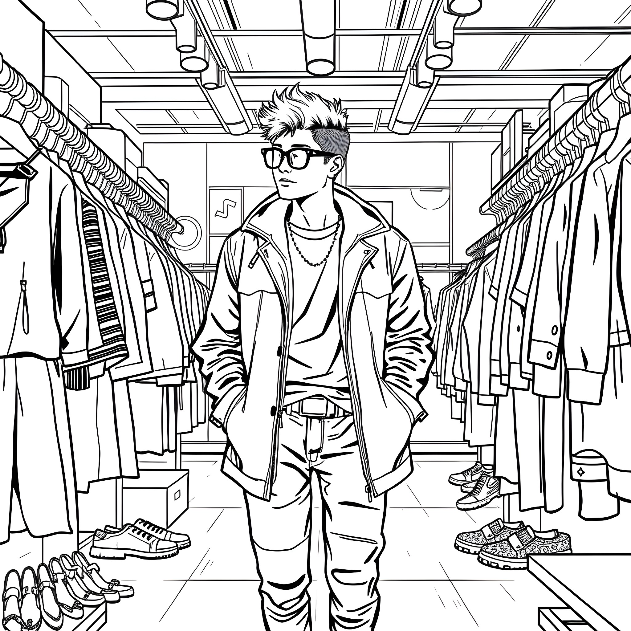 Teen Guy Browsing Fashionable Outfits in Clothing Store Coloring Page (free black-and-white line drawing printable PDF for all, from beginners to advanced learners, including children, teens, adults, and seniors)