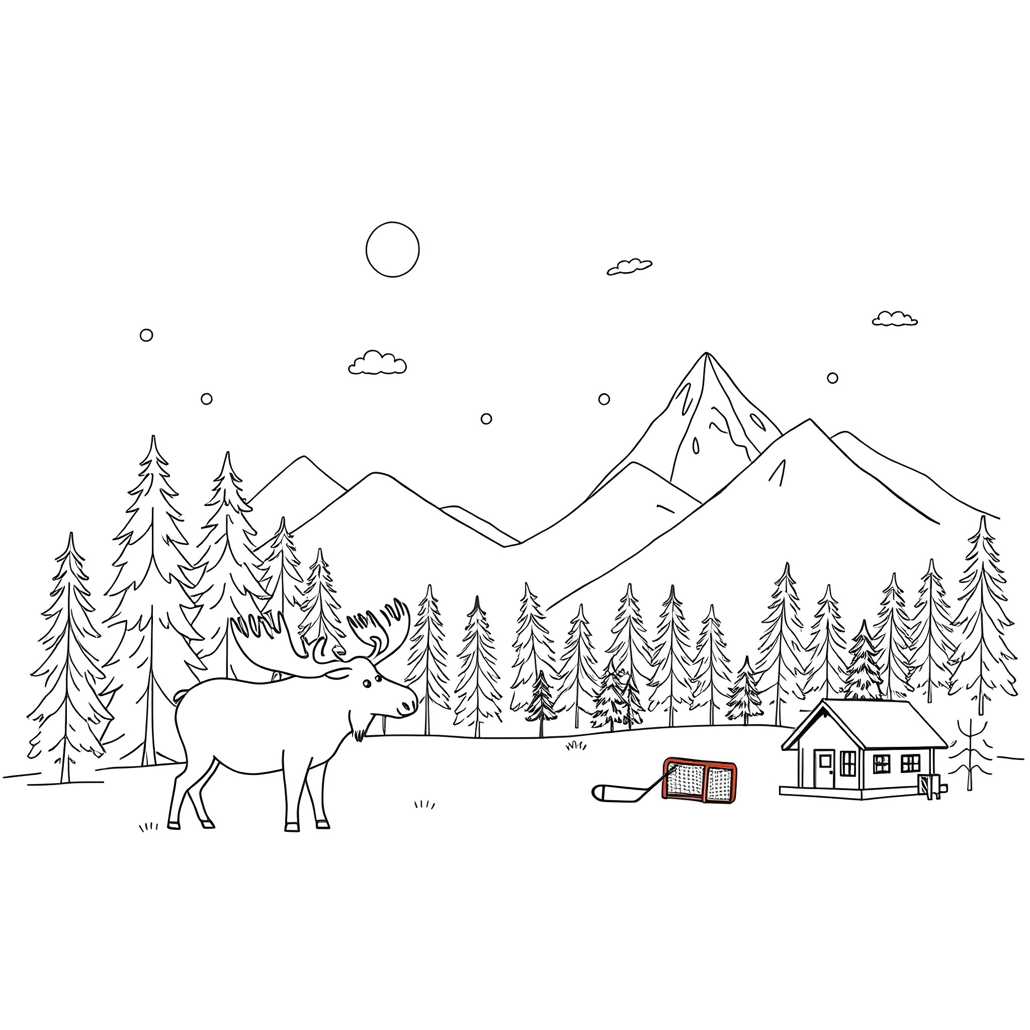 Canada's scenic mountain landscape with wildlife Coloring Page (free black-and-white line drawing printable PDF for all, from beginners to advanced learners, including children, teens, adults, and seniors)