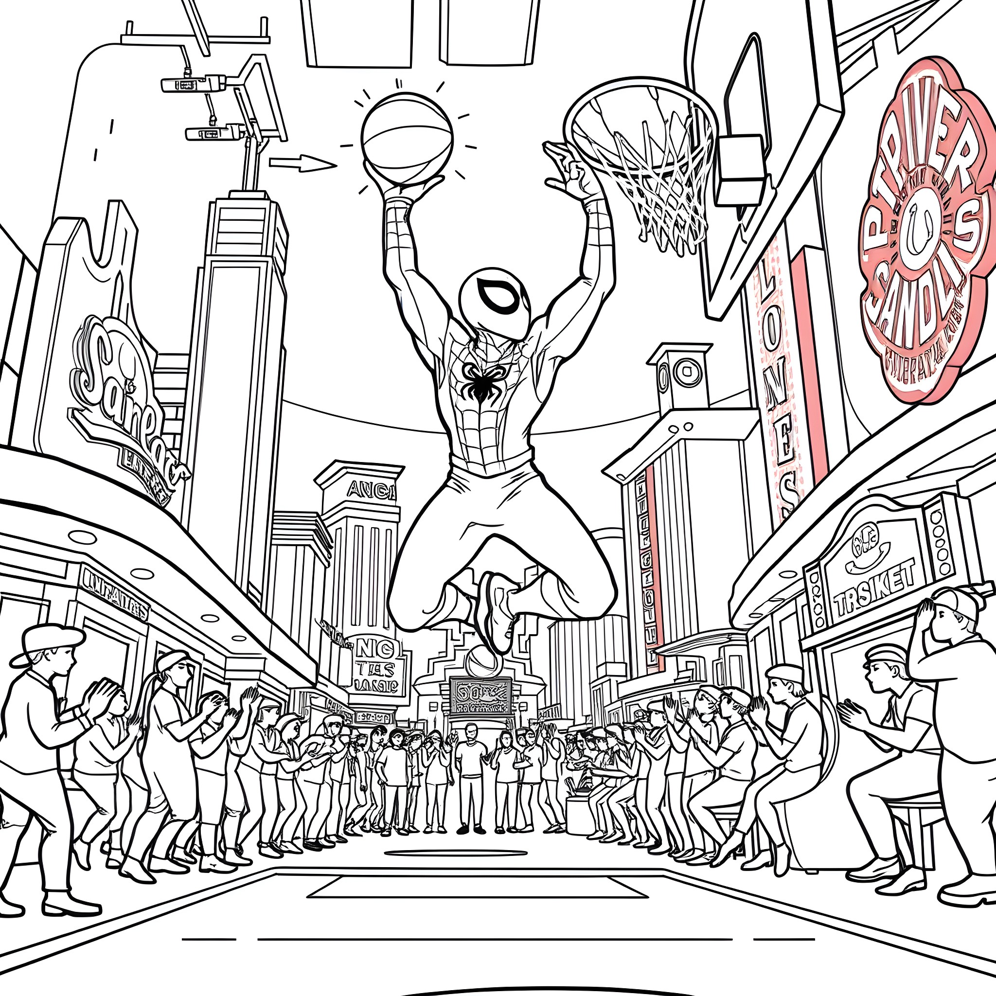 Spider-Man Swinging High Above the Lively City Streets Coloring Page (free black-and-white line drawing printable PDF for all, from beginners to advanced learners, including children, teens, adults, and seniors)