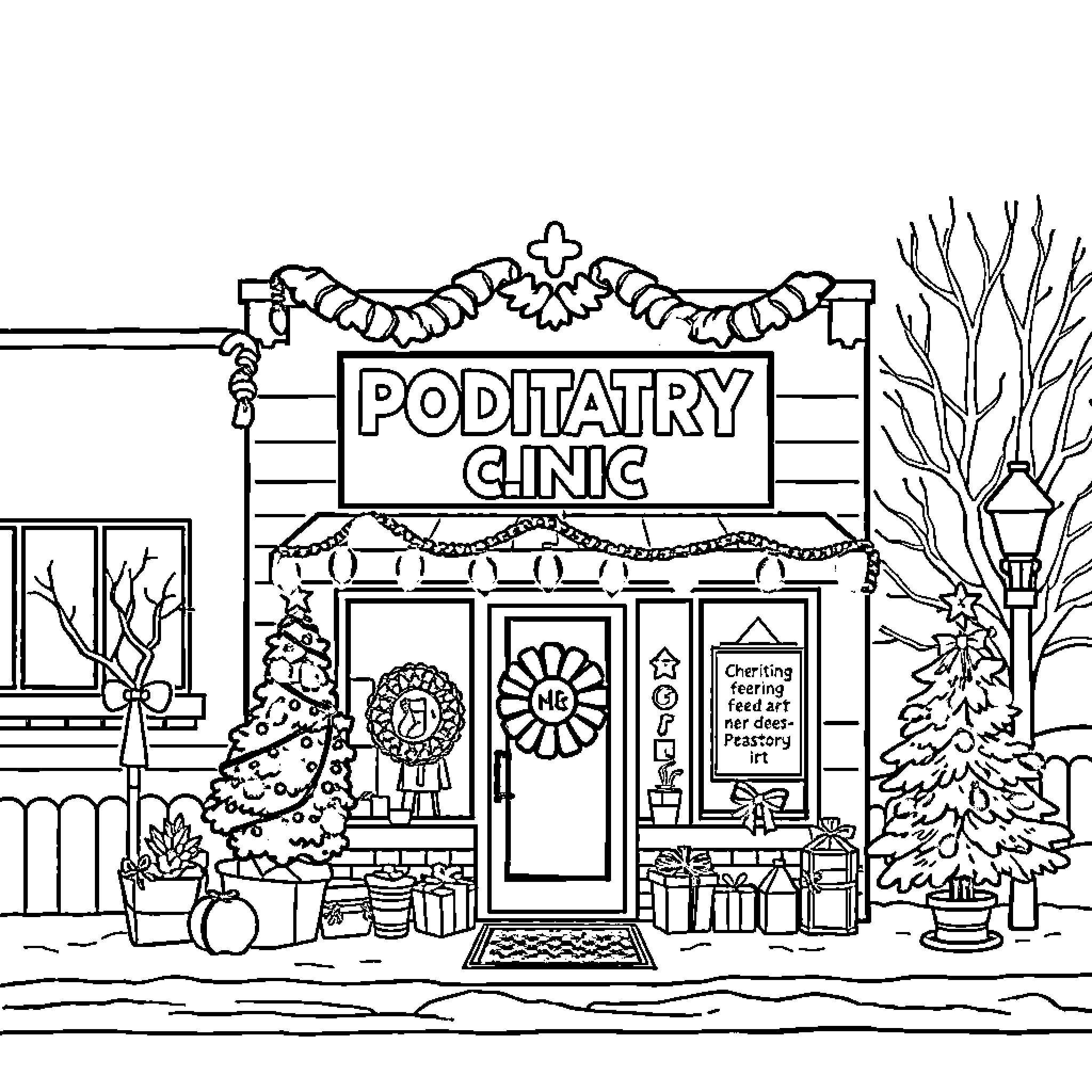 Podiatry Clinic with Seasonal Decor Coloring Page (free black-and-white line drawing printable PDF for all, from beginners to advanced learners, including children, teens, adults, and seniors)
