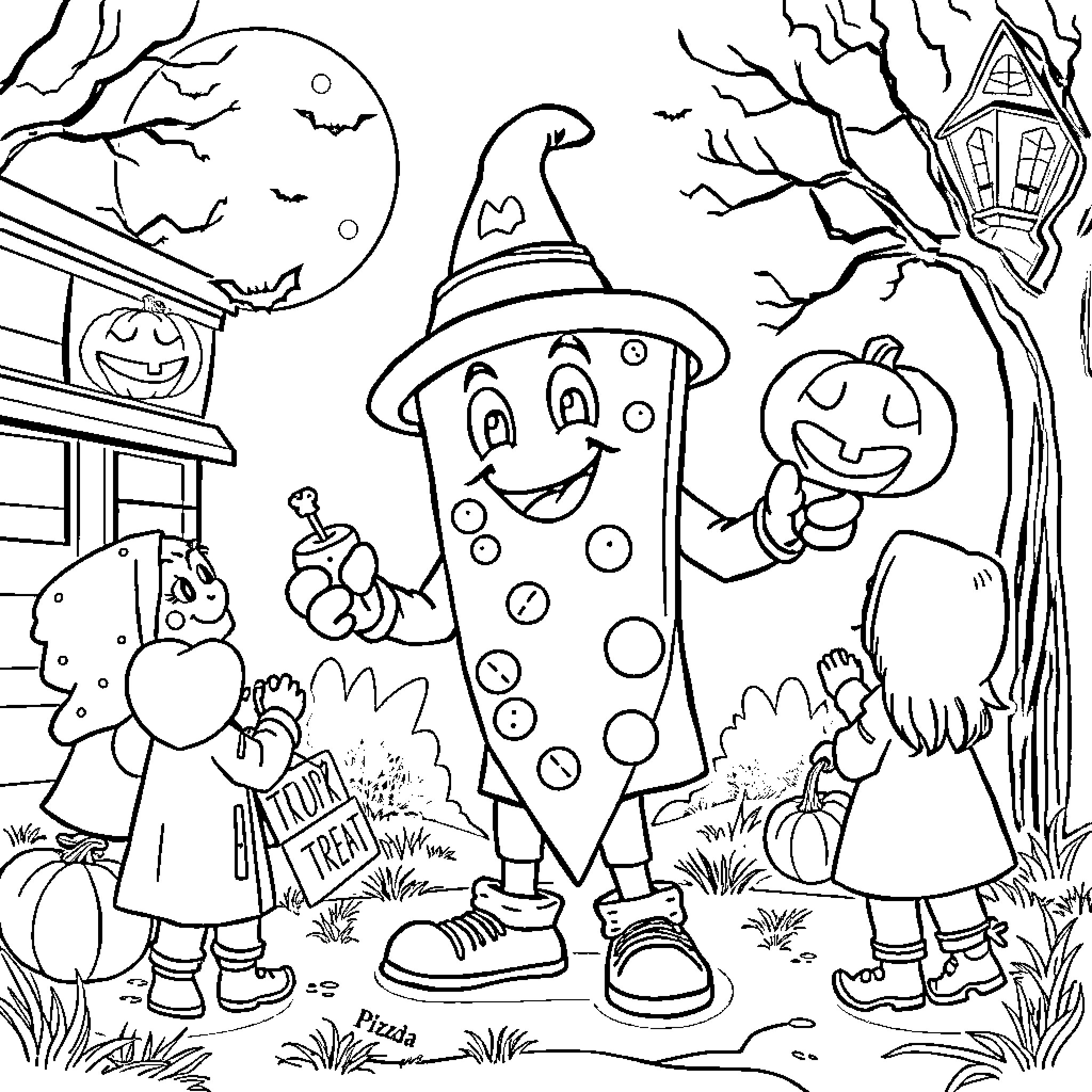 Pizza party with costumed characters in Halloween scene Coloring Page (free black-and-white line drawing printable PDF for all, from beginners to advanced learners, including children, teens, adults, and seniors)