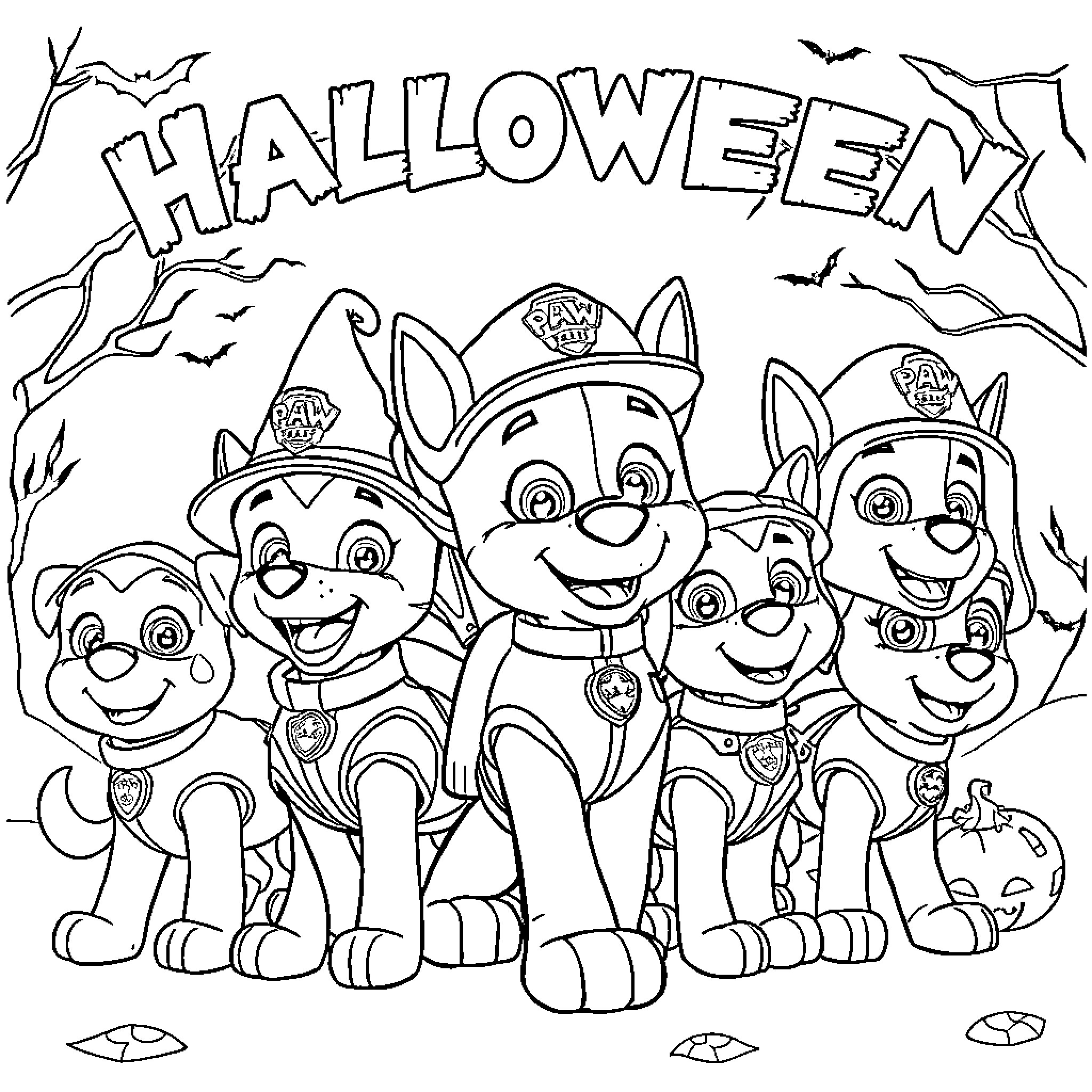 Paw Patrol Halloween Costume Party Coloring Page (free black-and-white line drawing printable PDF for all, from beginners to advanced learners, including children, teens, adults, and seniors)