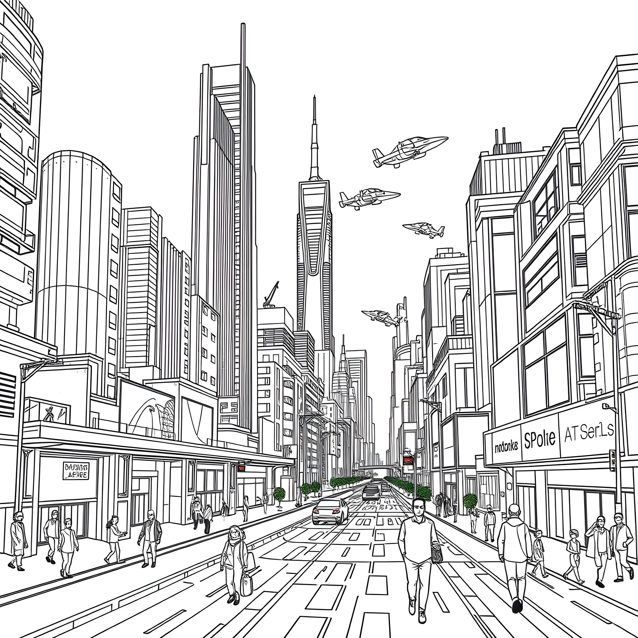 Futuristic cityscape with flying vehicles and pedestrians Coloring Page (free black-and-white line drawing printable PDF for all, from beginners to advanced learners, including children, teens, adults, and seniors)