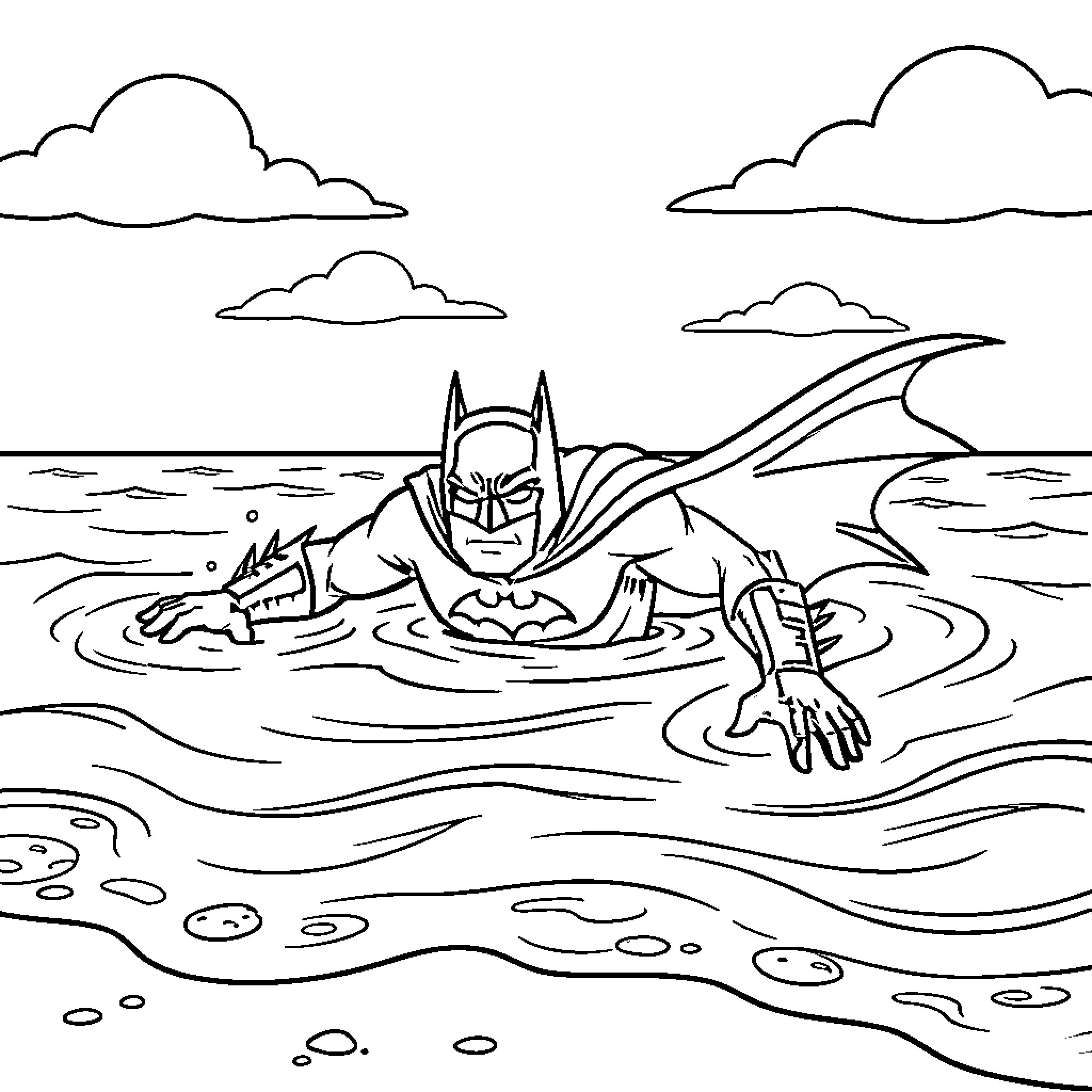 Batman heroically swimming in the ocean Coloring Page (free black-and-white line drawing printable PDF for all, from beginners to advanced learners, including children, teens, adults, and seniors)