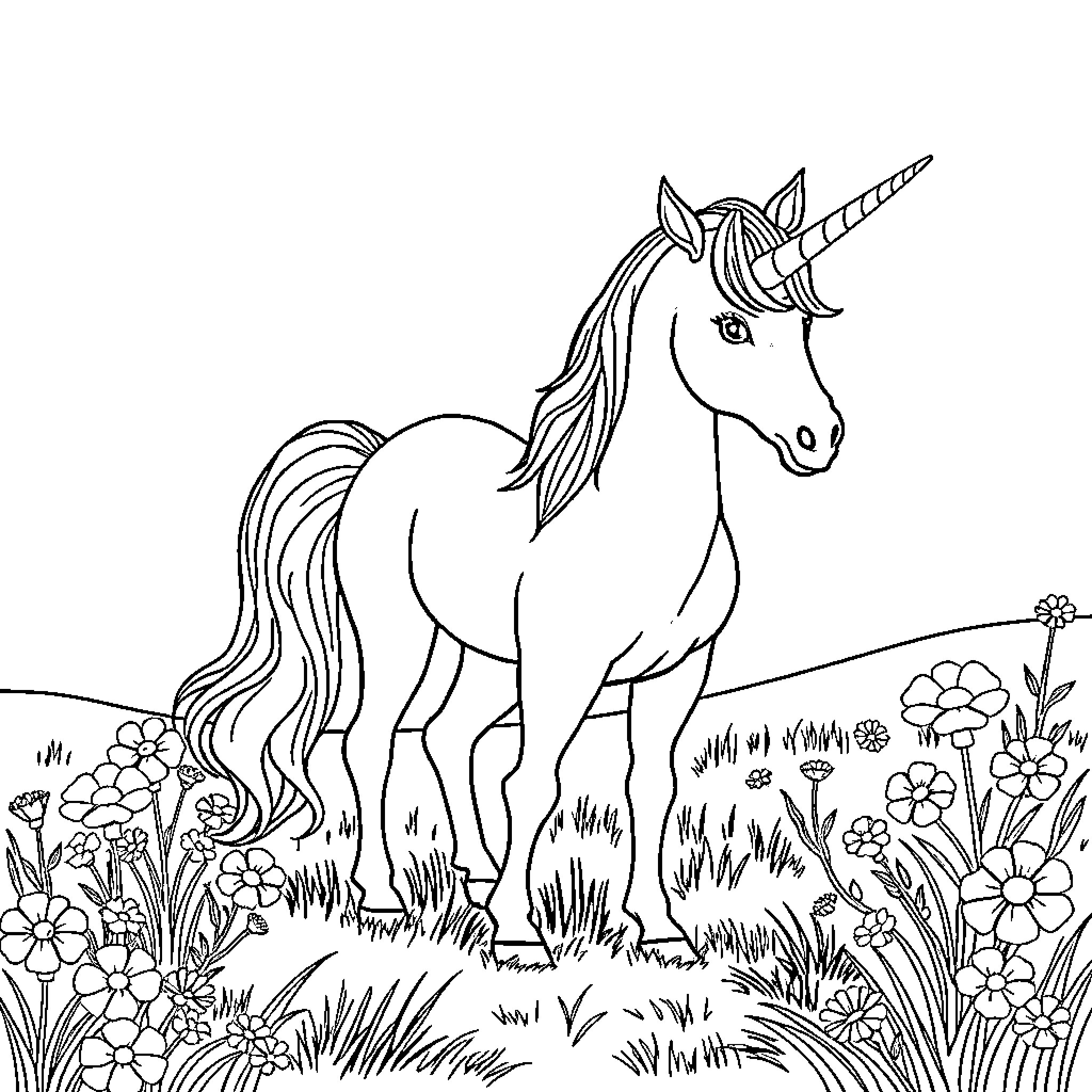 Unicorn standing amidst floral landscape Coloring Page (free black-and-white line drawing printable PDF for all, from beginners to advanced learners, including children, teens, adults, and seniors)