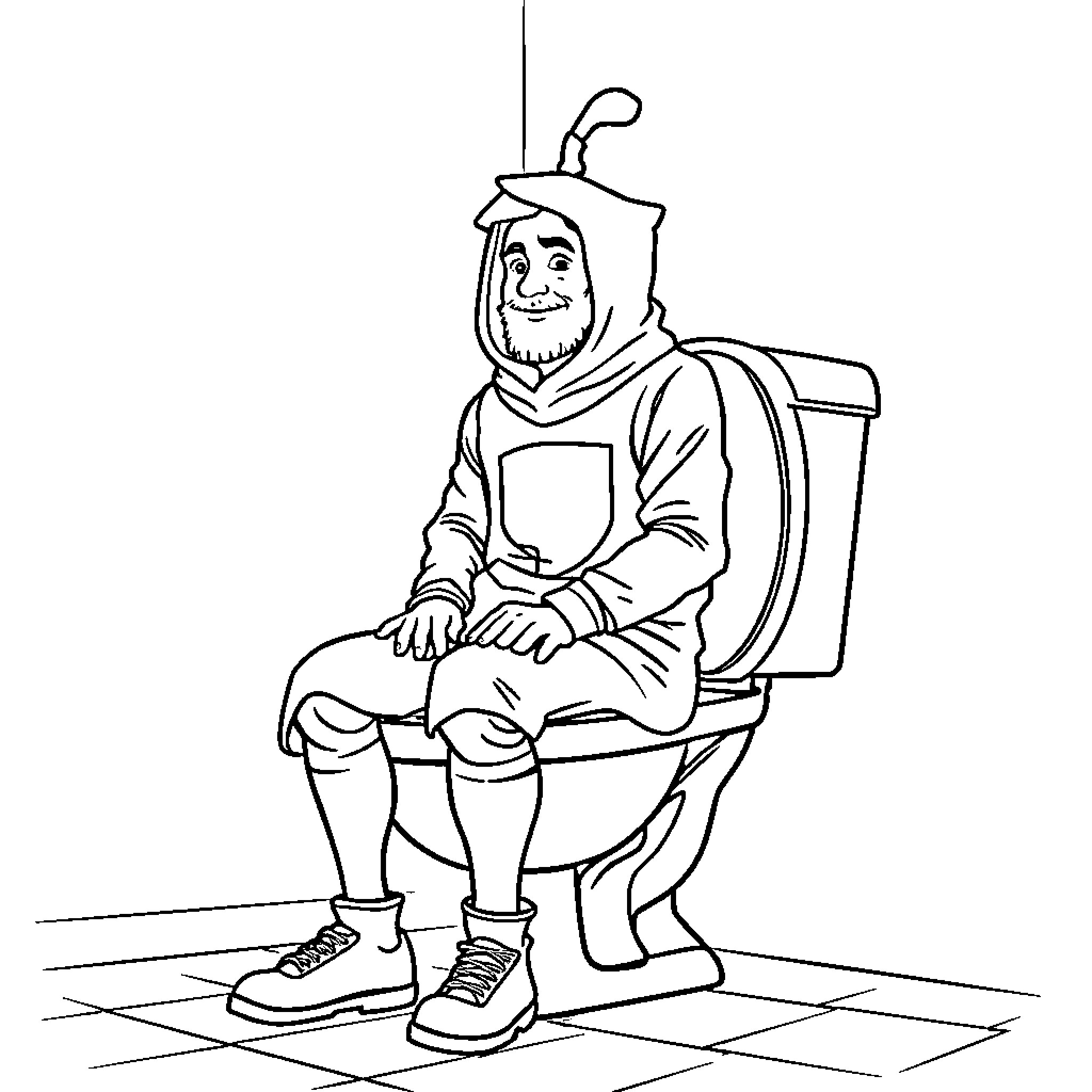 Man sitting on toilet with backpack Coloring Page (free black-and-white line drawing printable PDF for all, from beginners to advanced learners, including children, teens, adults, and seniors)