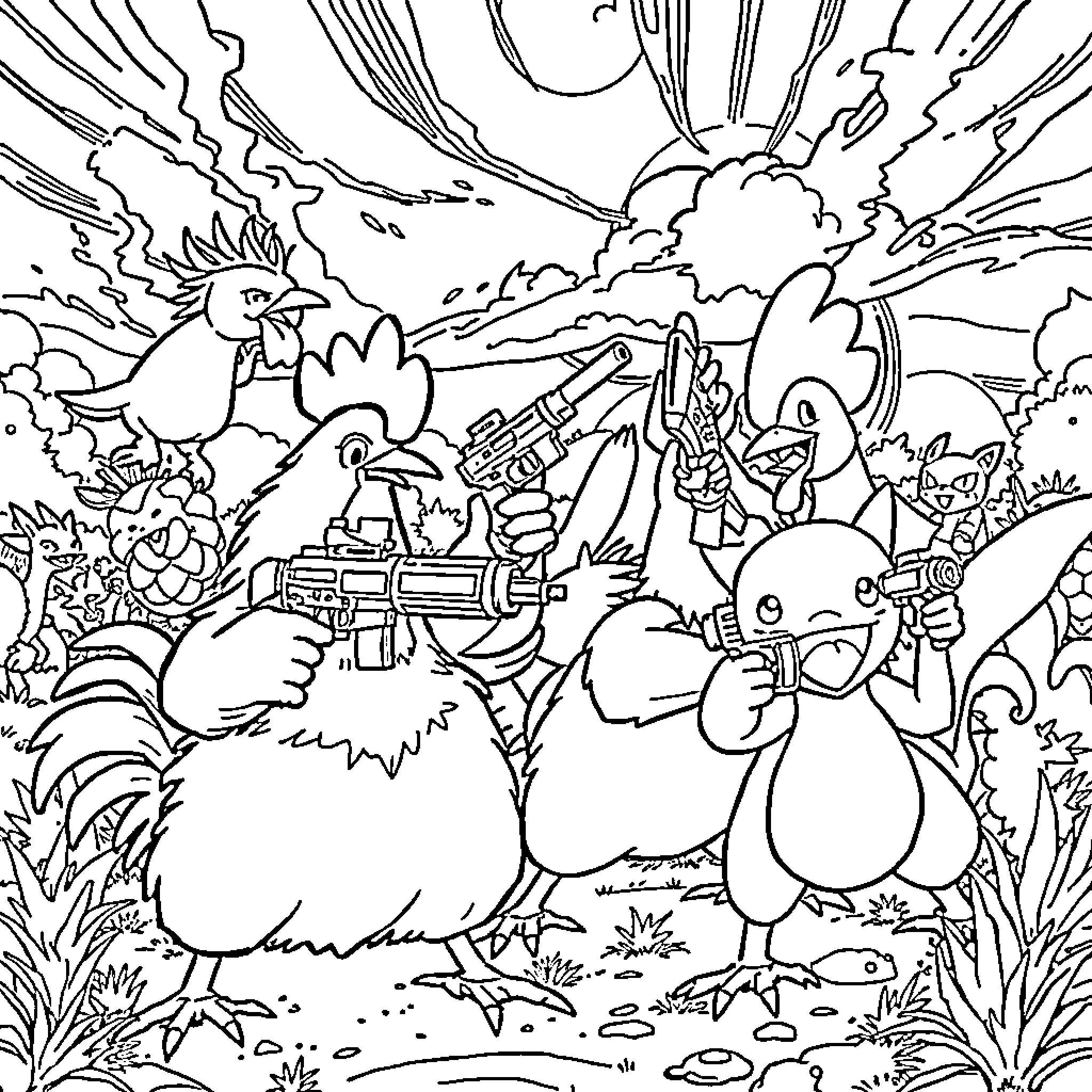 Chicken characters in action-packed fantasy scene Coloring Page (free black-and-white line drawing printable PDF for all, from beginners to advanced learners, including children, teens, adults, and seniors)