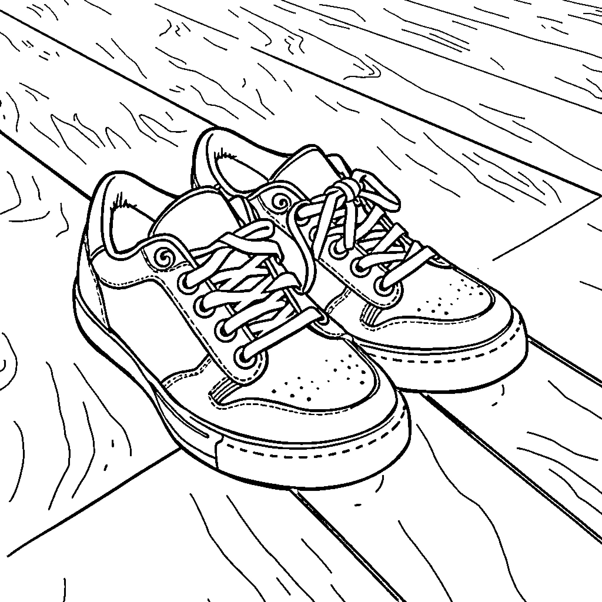 Sneaker on the move in the rainy weather Coloring Page (free black-and-white line drawing printable PDF for all, from beginners to advanced learners, including children, teens, adults, and seniors)