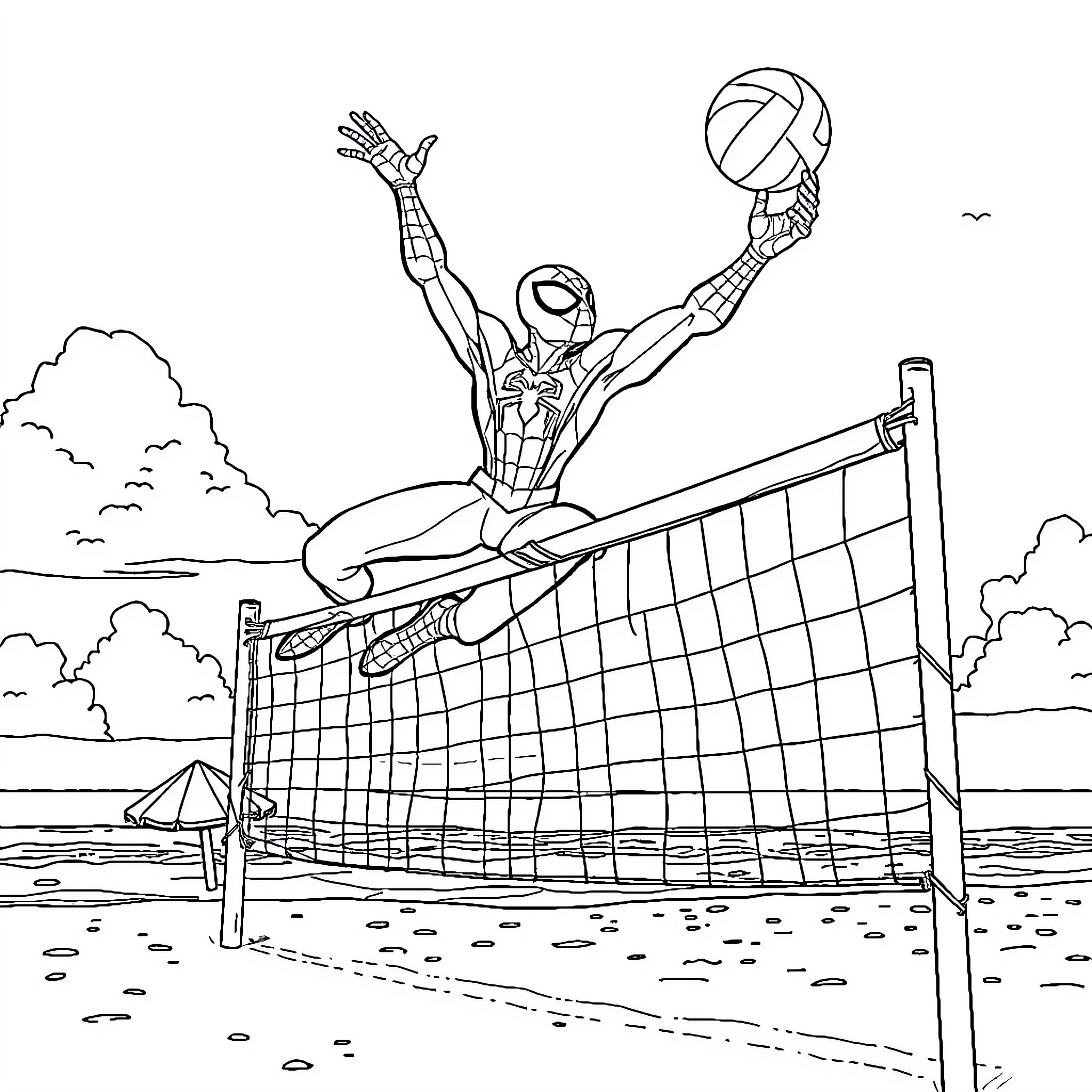 Spider-Man playing volleyball on the beach Coloring Page (free black-and-white line drawing printable PDF for all, from beginners to advanced learners, including children, teens, adults, and seniors)