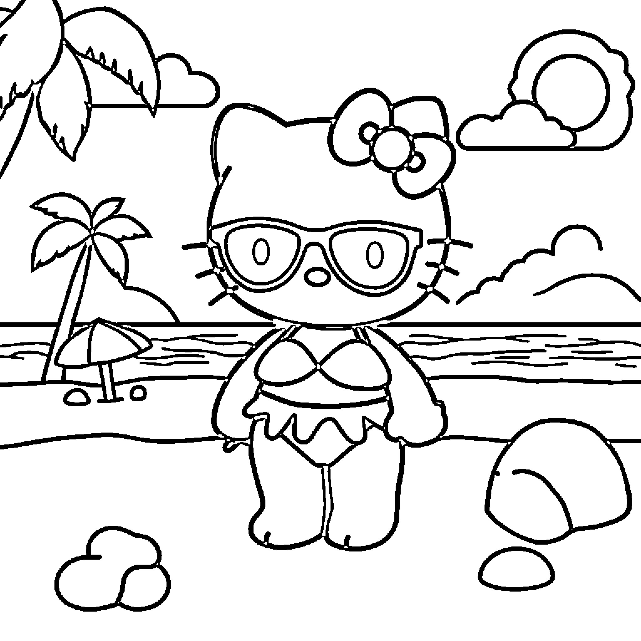 Hello Kitty enjoying a tropical beach vacation Coloring Page (free black-and-white line drawing printable PDF for all, from beginners to advanced learners, including children, teens, adults, and seniors)
