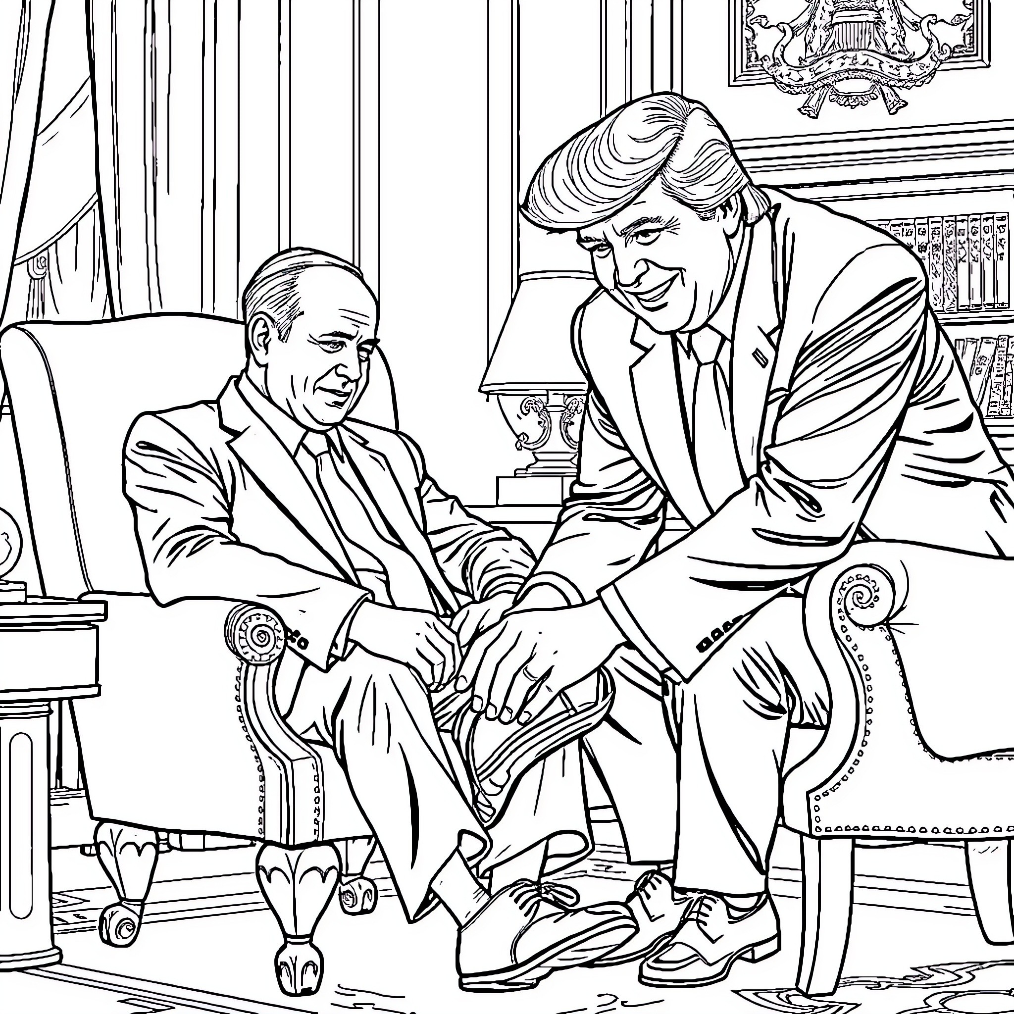 Bibi Netanyahu meeting with another political figure Coloring Page (free black-and-white line drawing printable PDF for all, from beginners to advanced learners, including children, teens, adults, and seniors)