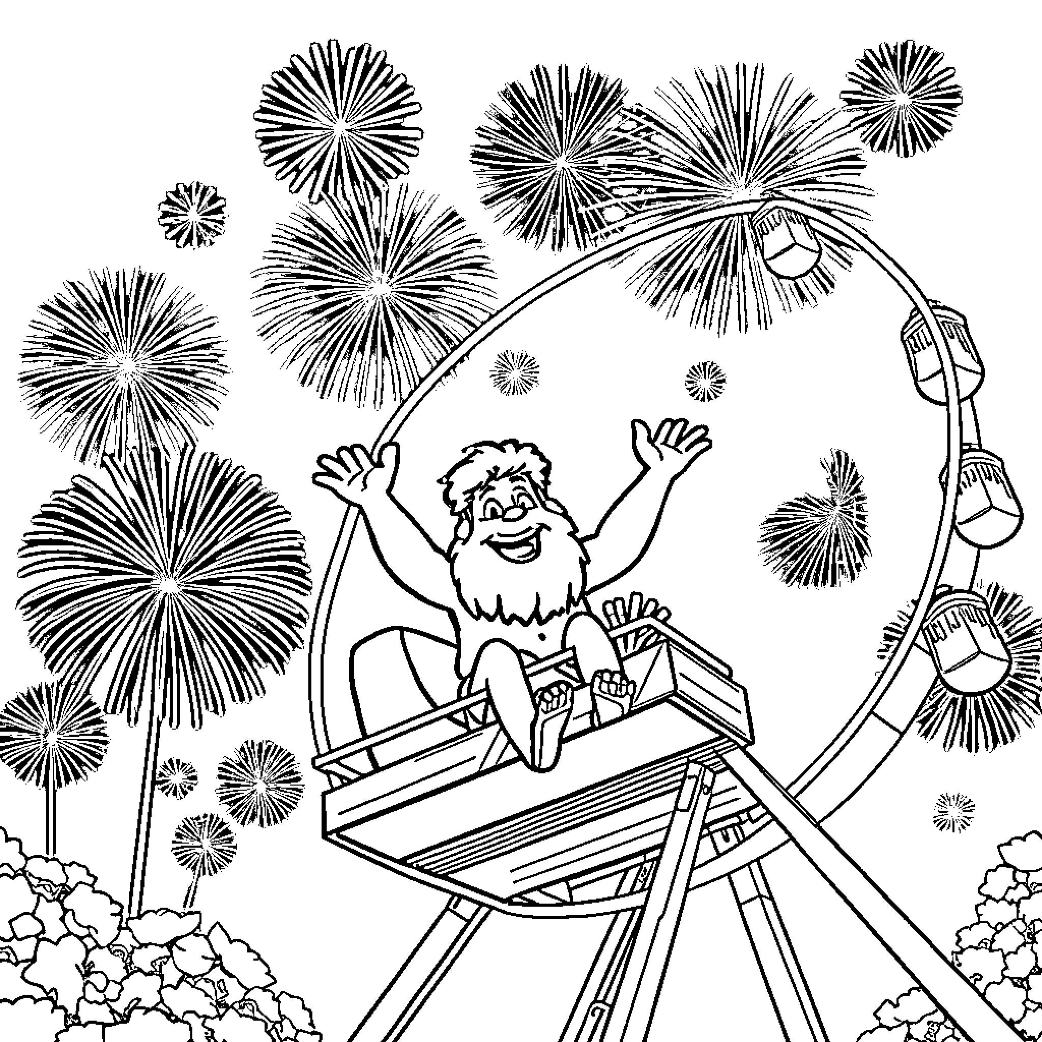 Caveman enjoying fireworks display Coloring Page (free black-and-white line drawing printable PDF for all, from beginners to advanced learners, including children, teens, adults, and seniors)