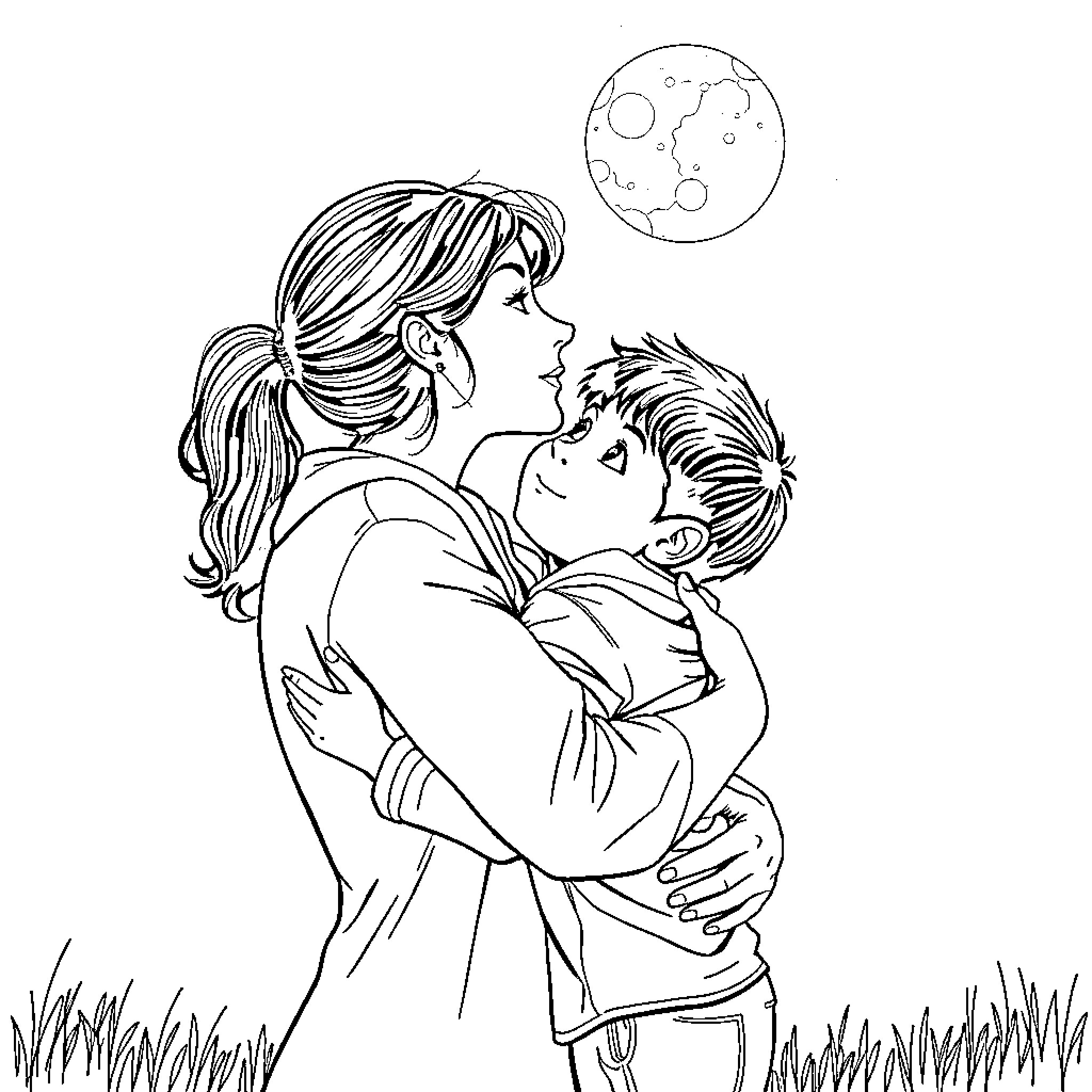 Mother embracing child under the moon Coloring Page (free black-and-white line drawing printable PDF for all, from beginners to advanced learners, including children, teens, adults, and seniors)