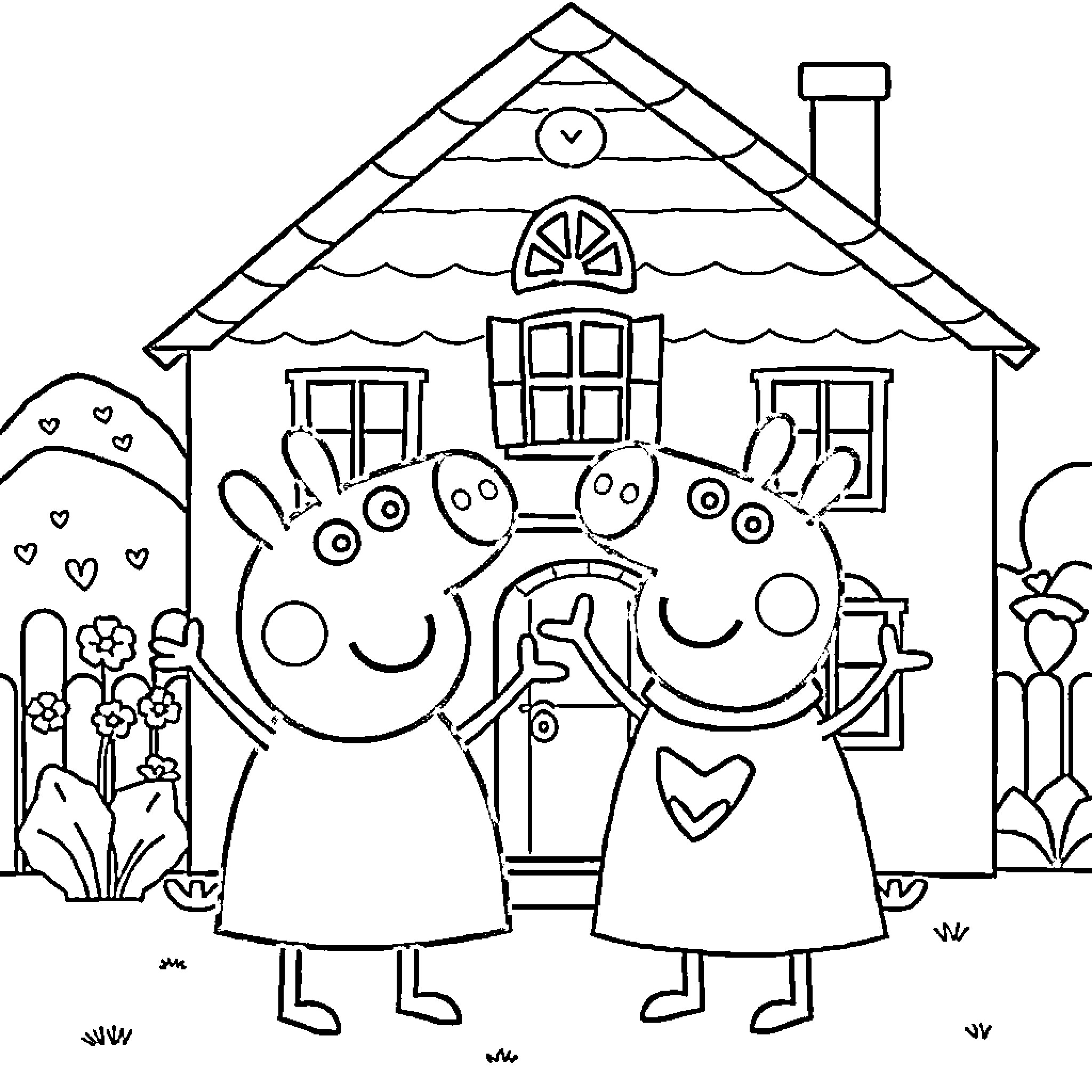 Peppa Pig and friends enjoying their cozy home Coloring Page (free black-and-white line drawing printable PDF for all, from beginners to advanced learners, including children, teens, adults, and seniors)