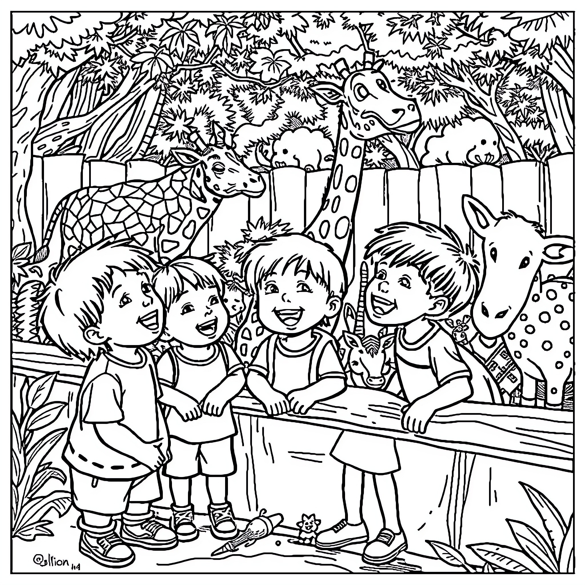Children exploring the jungle with animals Coloring Page (free black-and-white line drawing printable PDF for all, from beginners to advanced learners, including children, teens, adults, and seniors)
