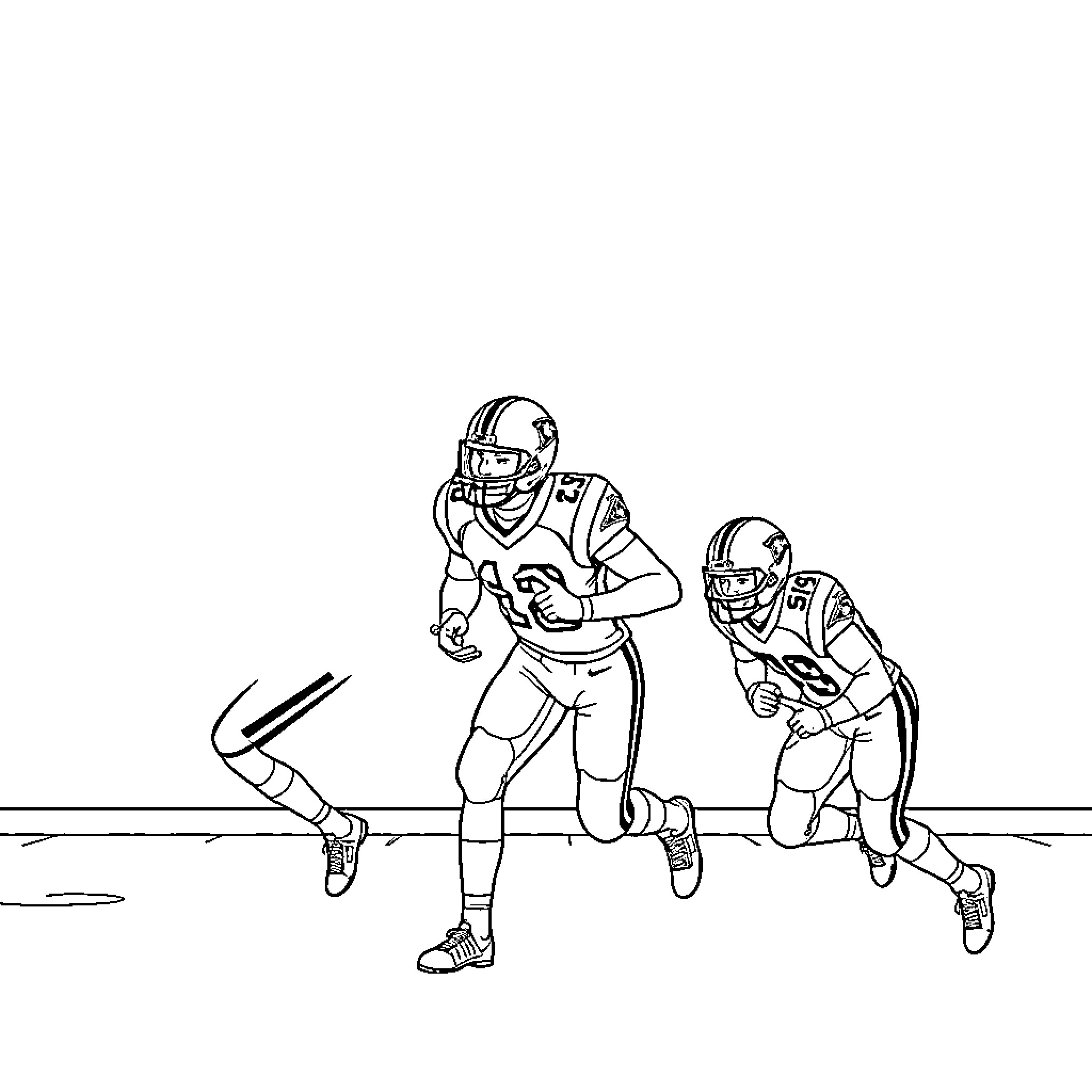 Panther football players in action on the field Coloring Page (free black-and-white line drawing printable PDF for all, from beginners to advanced learners, including children, teens, adults, and seniors)