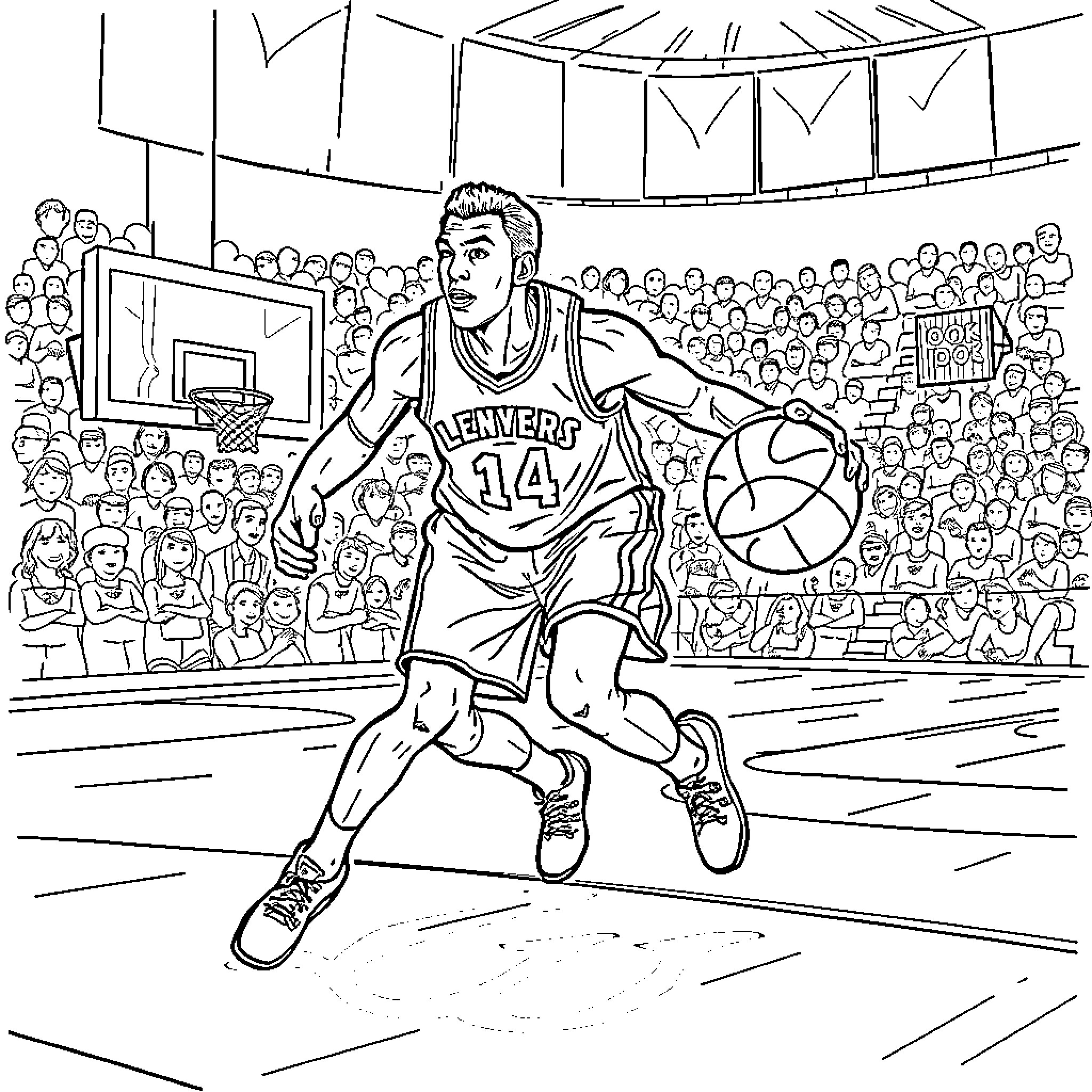 Levandoski's Exciting Basketball Game Coloring Page (free black-and-white line drawing printable PDF for all, from beginners to advanced learners, including children, teens, adults, and seniors)