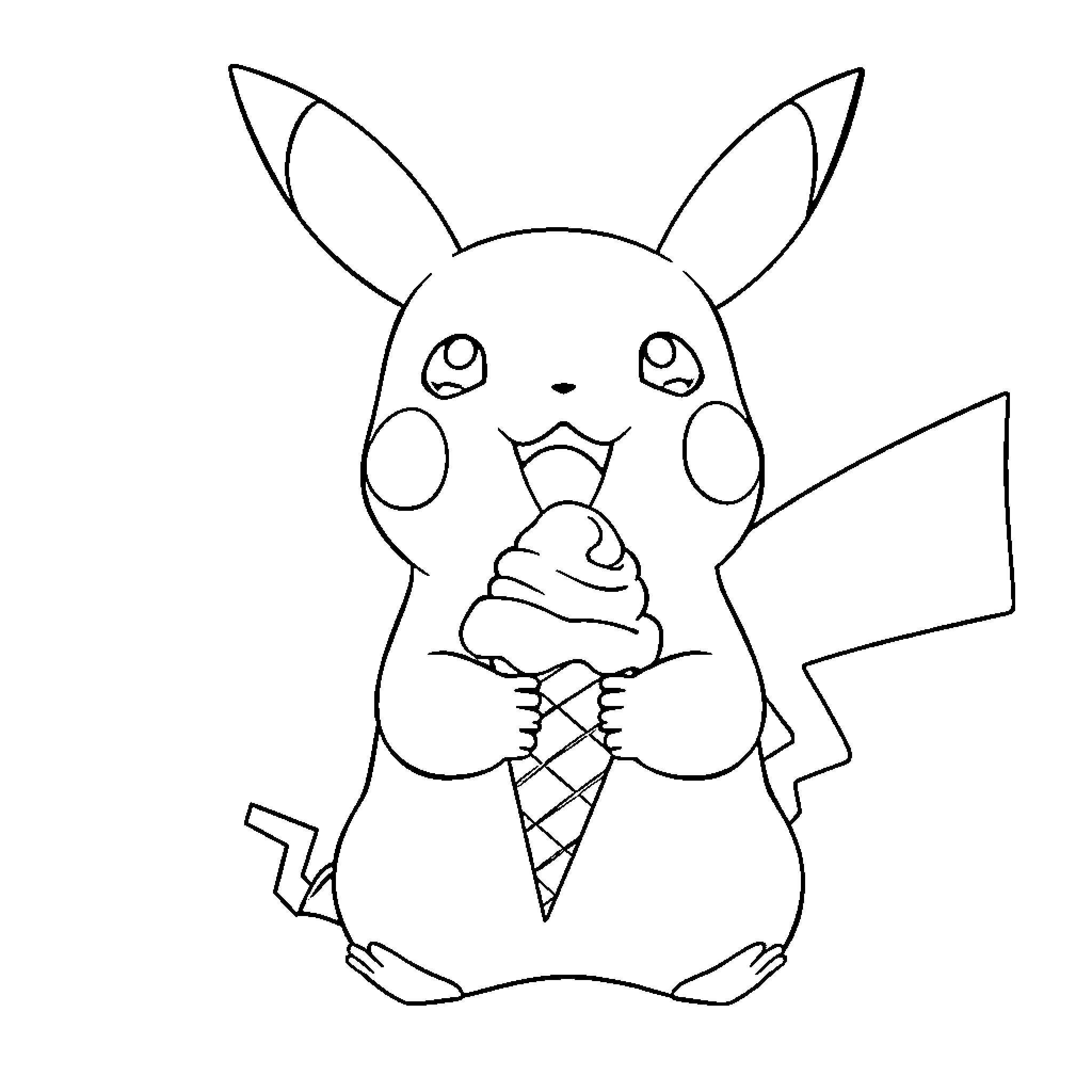 Pikachu happily eating a large ice cream cone Coloring Page (free black-and-white line drawing printable PDF for all, from beginners to advanced learners, including children, teens, adults, and seniors)