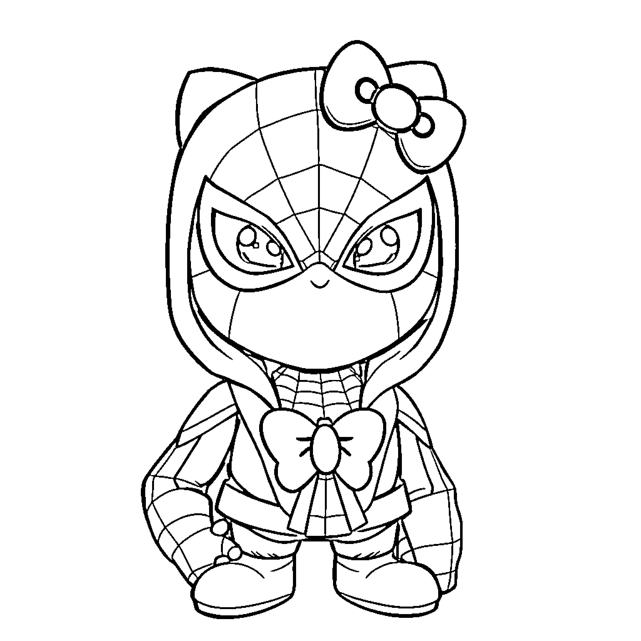 Spiderman as a cute female character Coloring Page (free black-and-white line drawing printable PDF for all, from beginners to advanced learners, including children, teens, adults, and seniors)