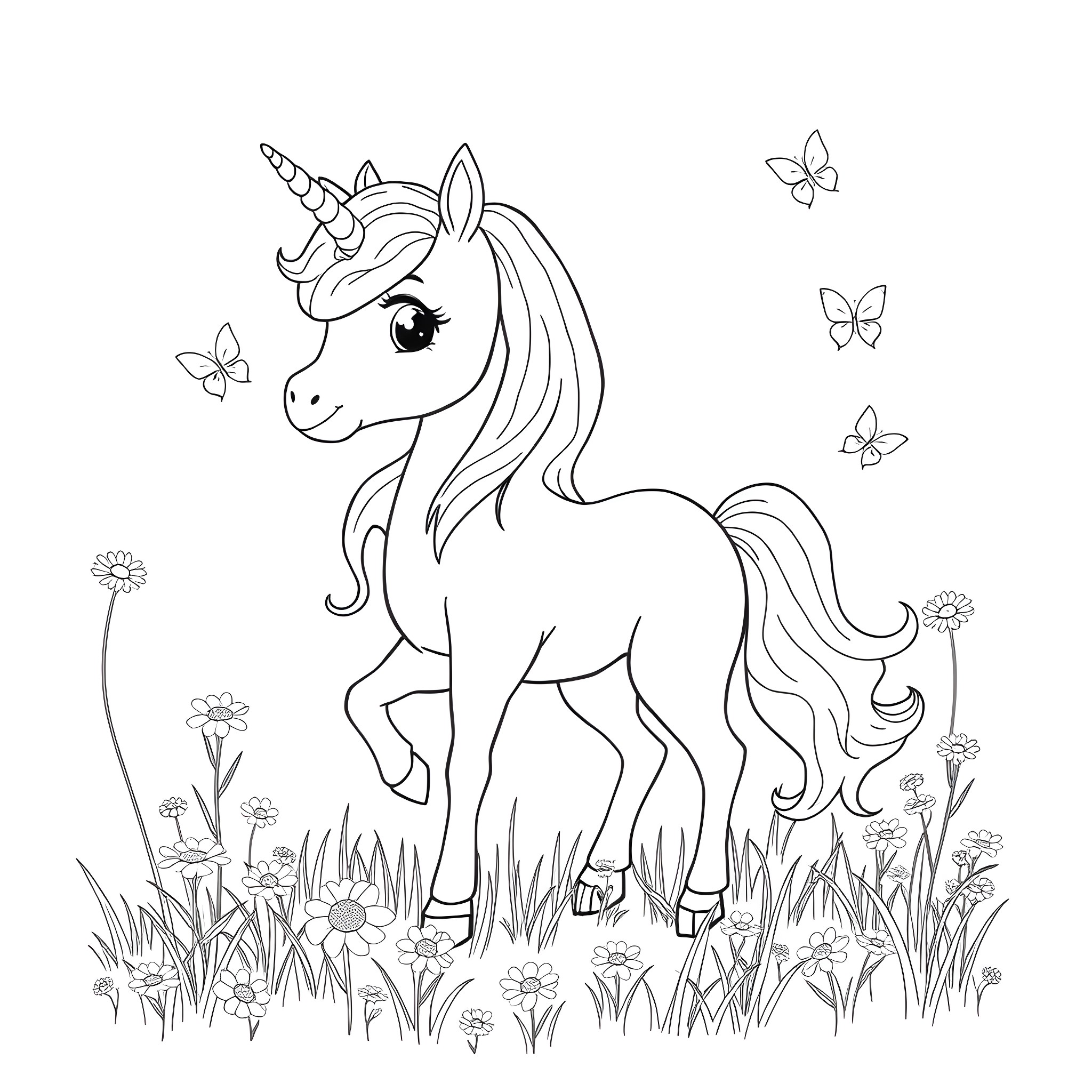 Unicorn frolicking amidst flowers and butterflies Coloring Page (free black-and-white line drawing printable PDF for all, from beginners to advanced learners, including children, teens, adults, and seniors)