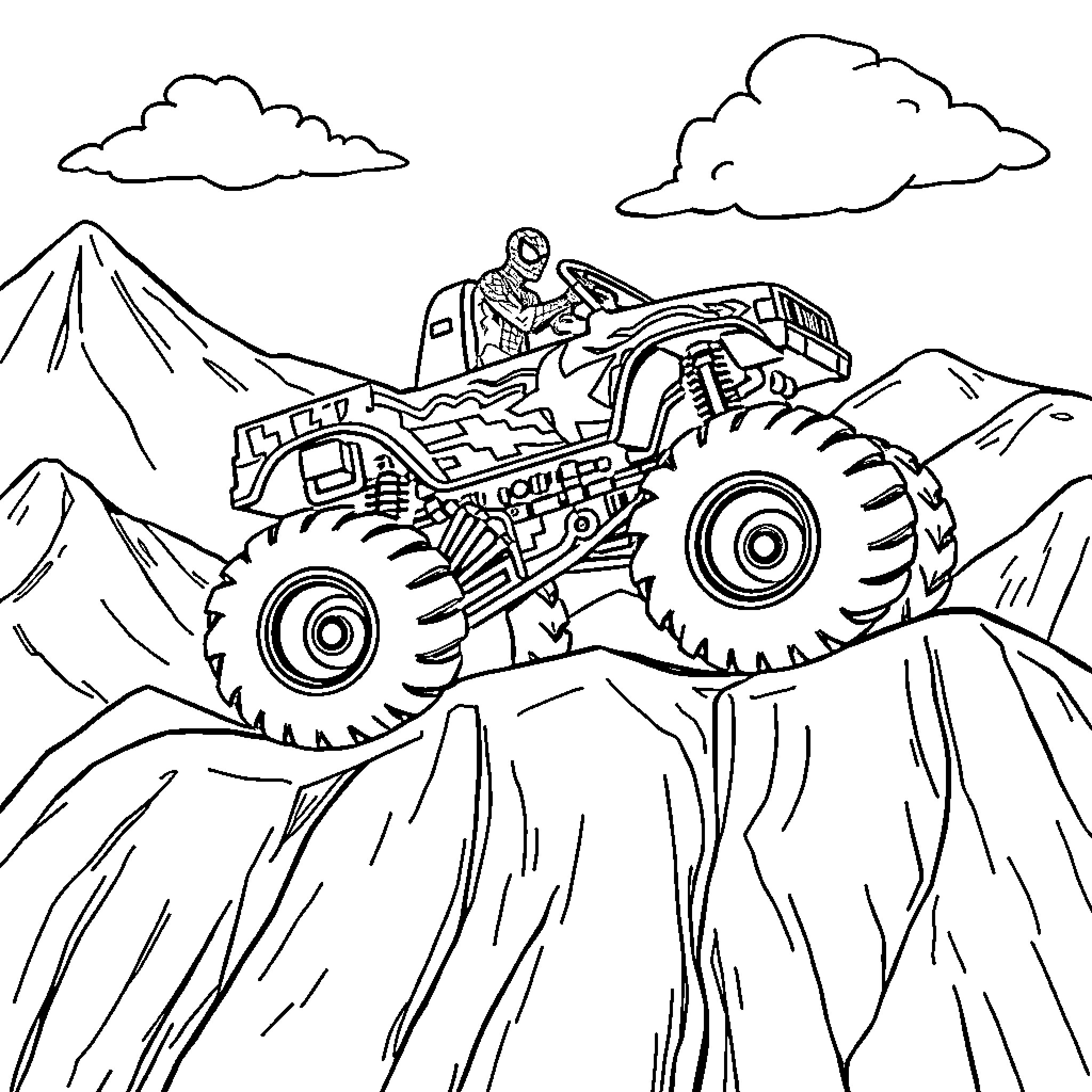 Spider-Man driving a monster truck in the mountains Coloring Page (free black-and-white line drawing printable PDF for all, from beginners to advanced learners, including children, teens, adults, and seniors)