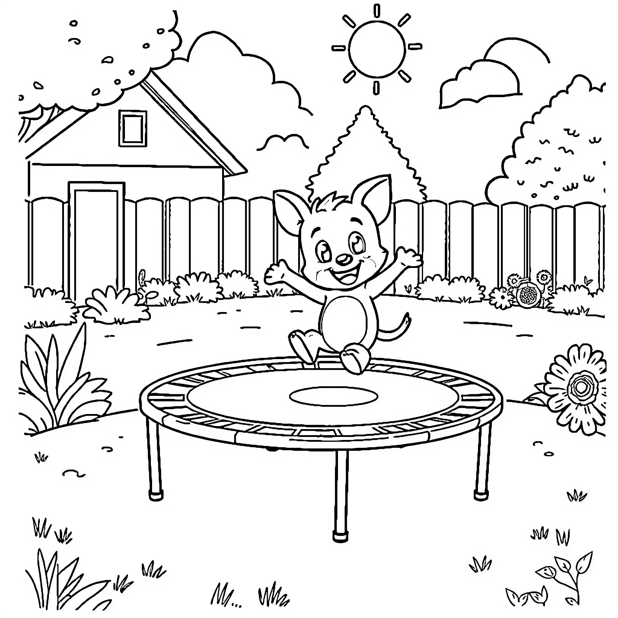 Bluey playing happily on a trampoline in the backyard Coloring Page (free black-and-white line drawing printable PDF for all, from beginners to advanced learners, including children, teens, adults, and seniors)