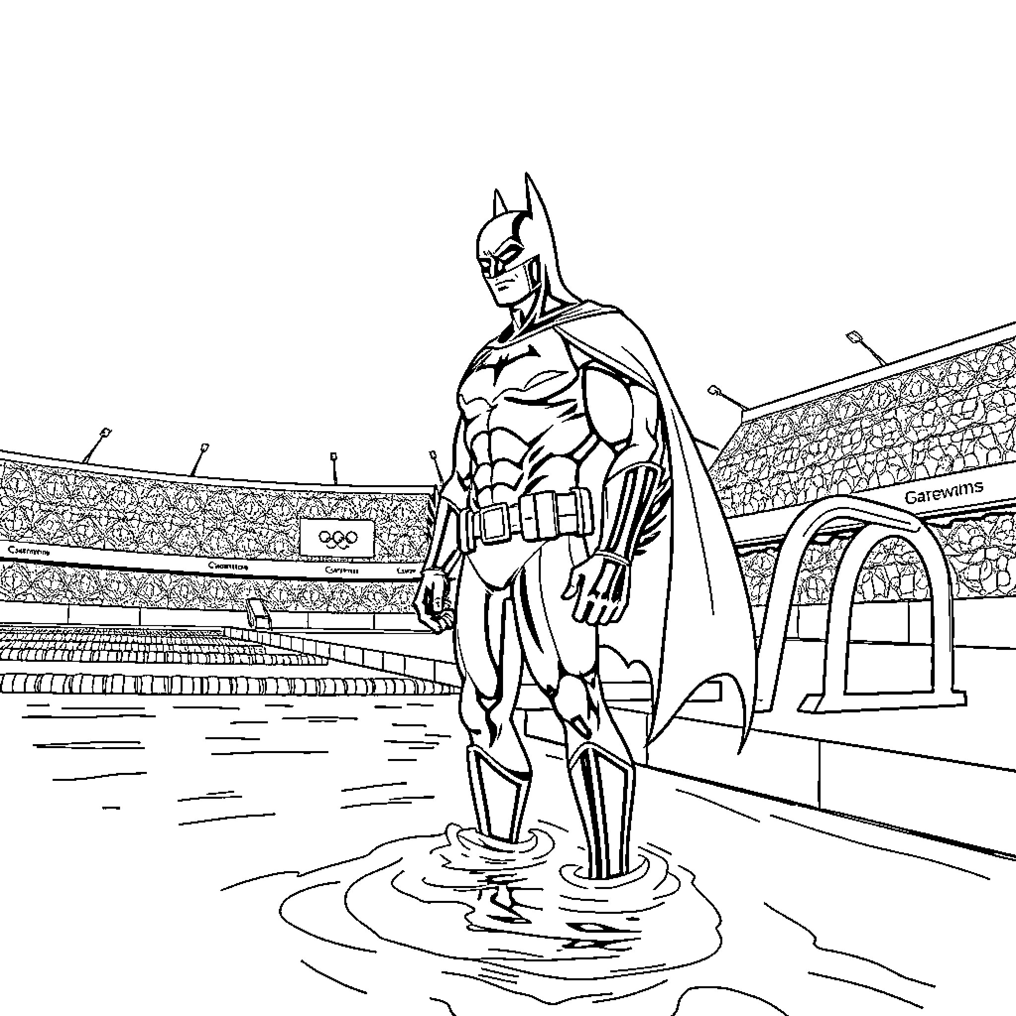 Batman standing heroically in the stadium Coloring Page (free black-and-white line drawing printable PDF for all, from beginners to advanced learners, including children, teens, adults, and seniors)