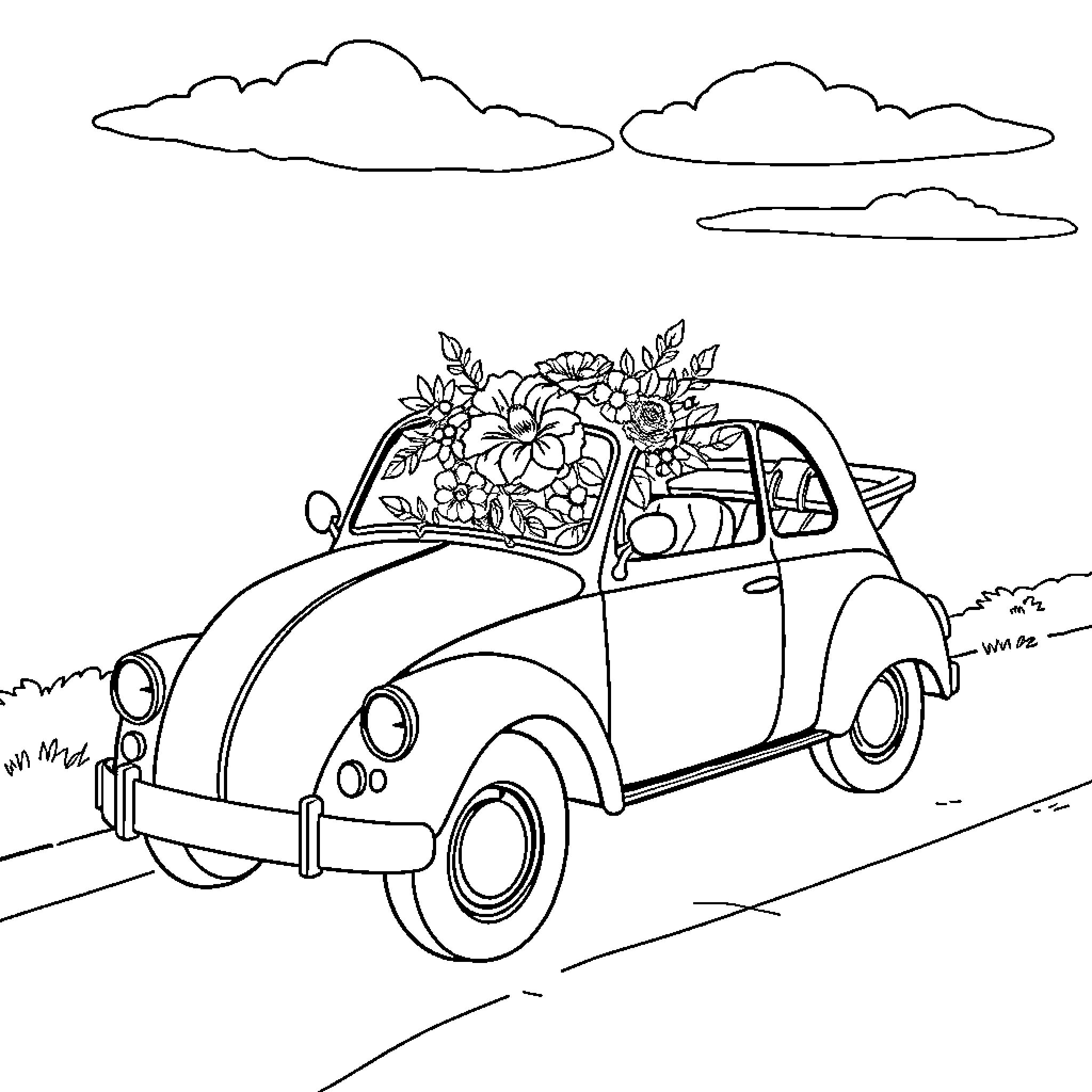 Car filled with colorful flowers on a sunny day Coloring Page (free black-and-white line drawing printable PDF for all, from beginners to advanced learners, including children, teens, adults, and seniors)
