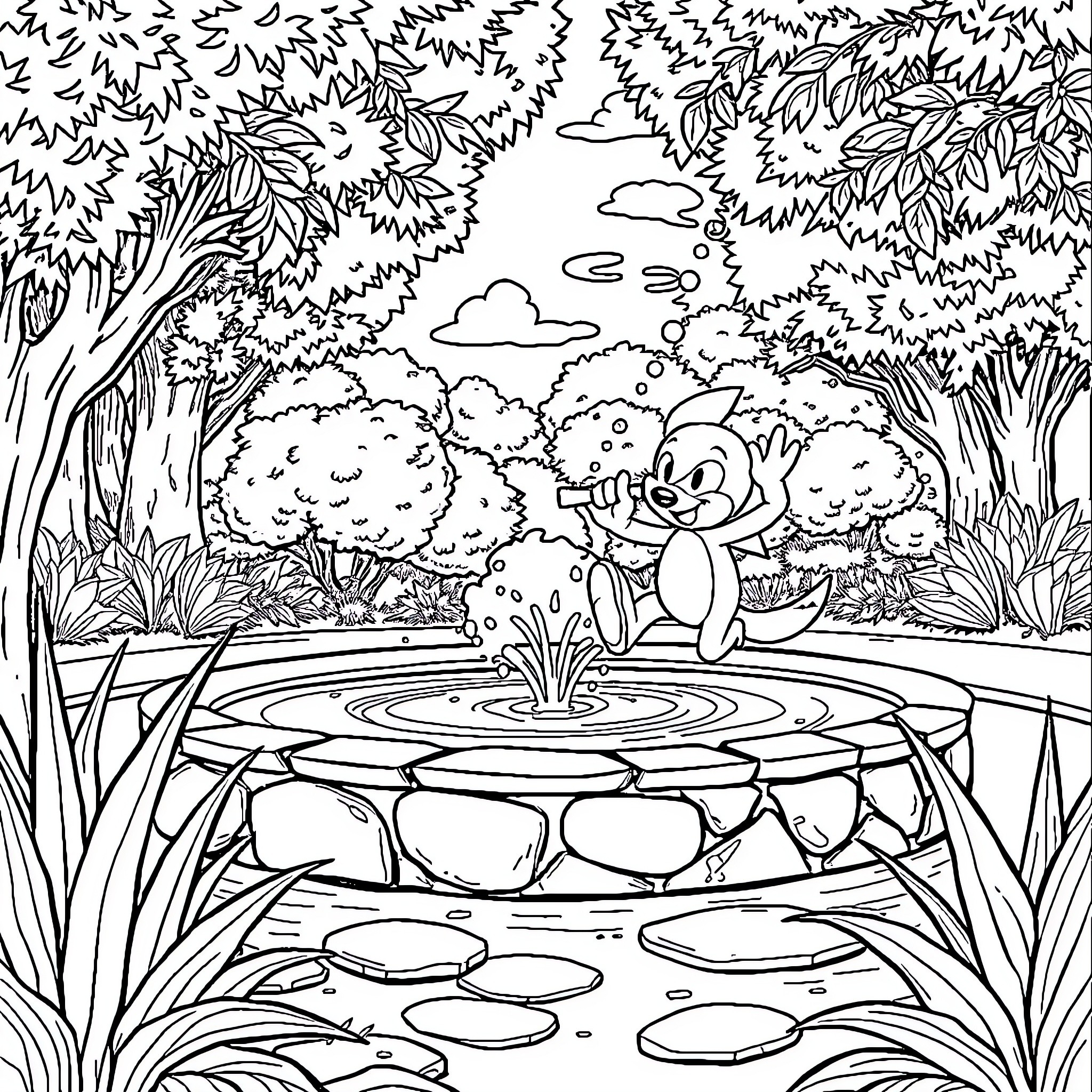 Bluey playing joyfully in a tranquil forest scene Coloring Page (free black-and-white line drawing printable PDF for all, from beginners to advanced learners, including children, teens, adults, and seniors)