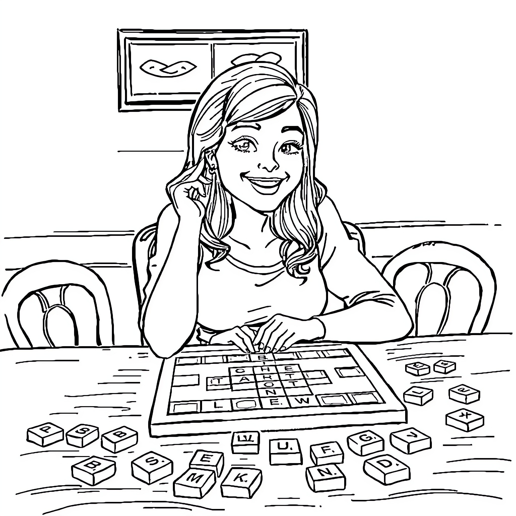 Bonnie Blue playing with building blocks on a desk Coloring Page (free black-and-white line drawing printable PDF for all, from beginners to advanced learners, including children, teens, adults, and seniors)