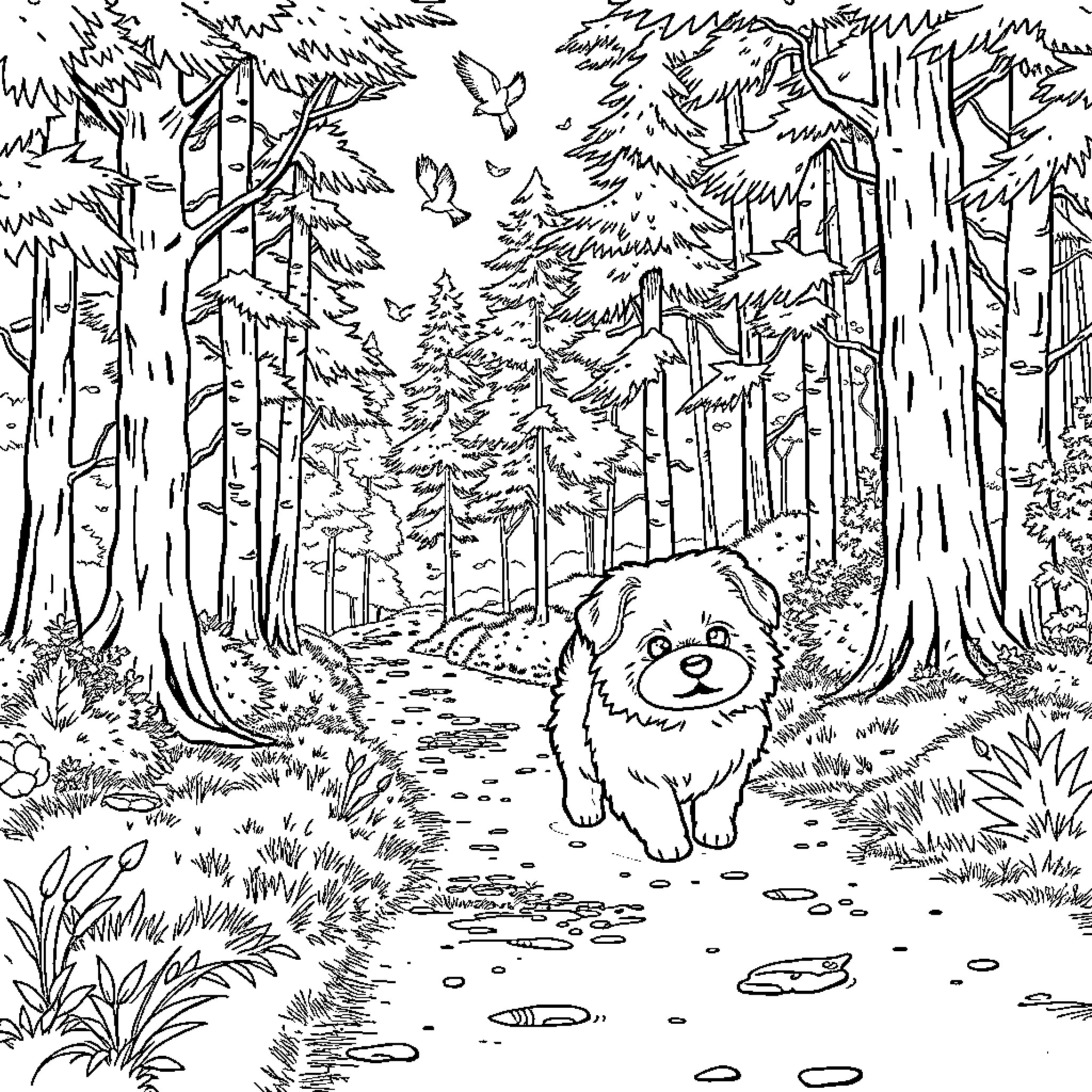 Shinobu Kocho enjoying a peaceful walk in the forest Coloring Page (free black-and-white line drawing printable PDF for all, from beginners to advanced learners, including children, teens, adults, and seniors)