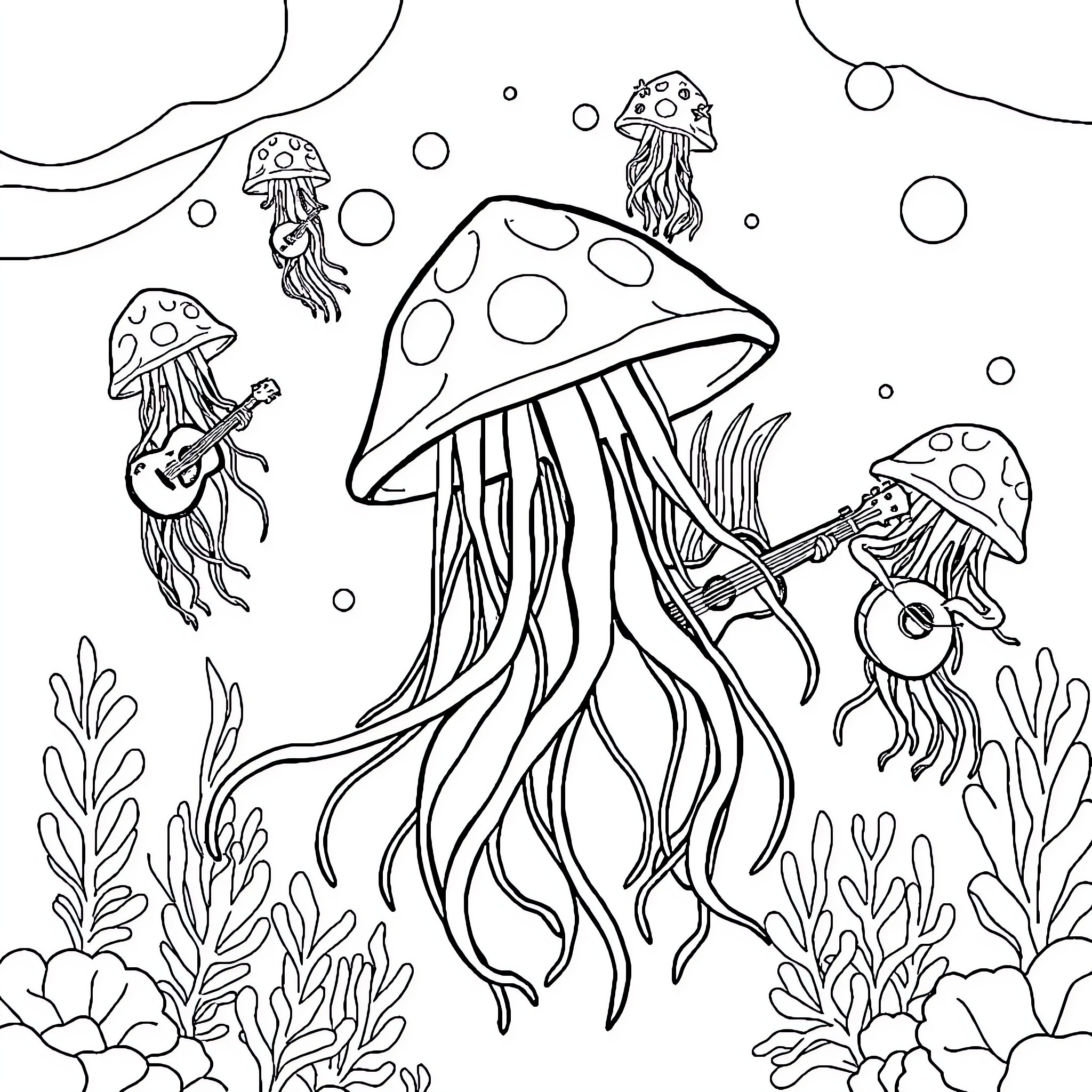 Jellyfish dancing under the sea Coloring Page (free black-and-white line drawing printable PDF for all, from beginners to advanced learners, including children, teens, adults, and seniors)