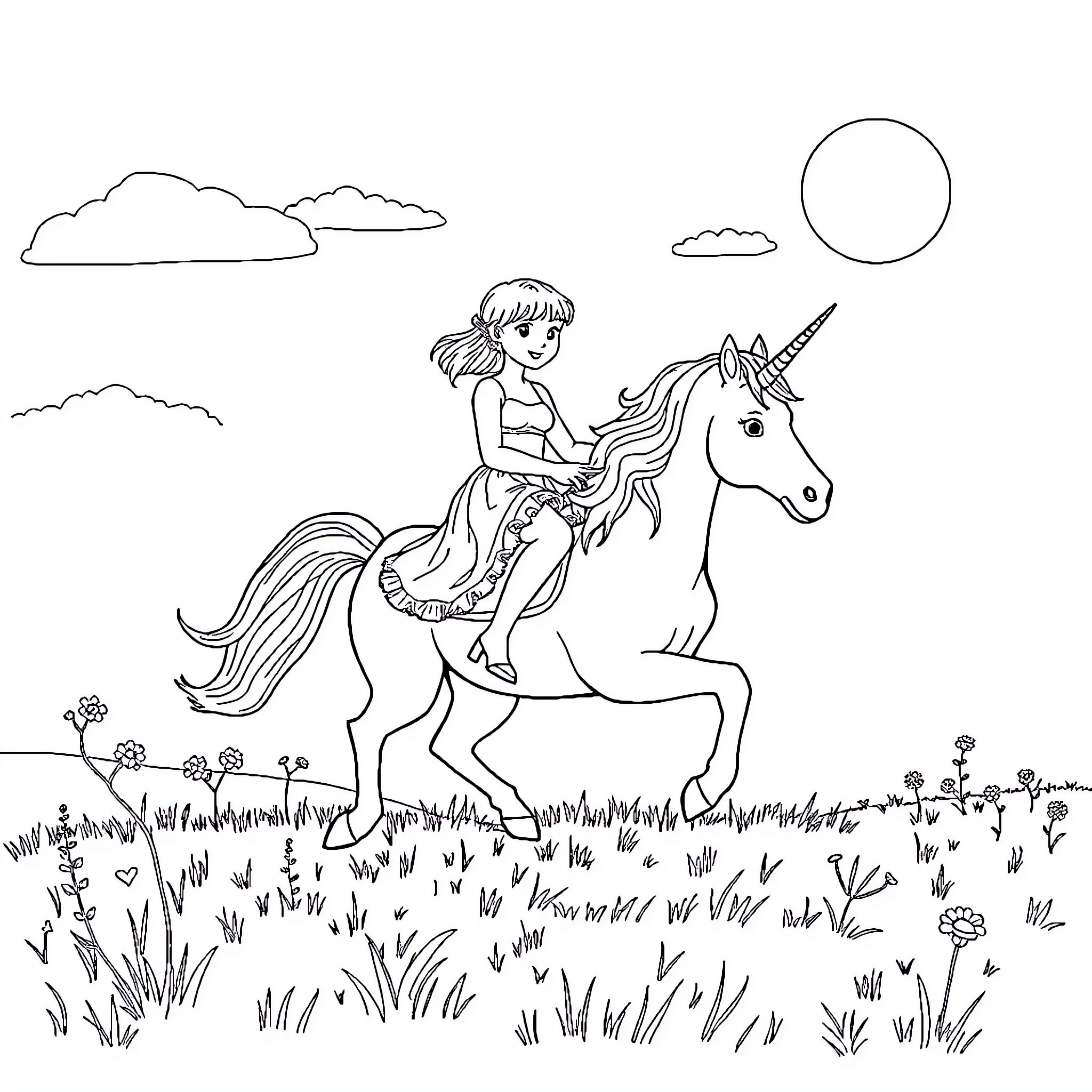 Taylor Swift riding a unicorn in a magical field Coloring Page (free black-and-white line drawing printable PDF for all, from beginners to advanced learners, including children, teens, adults, and seniors)
