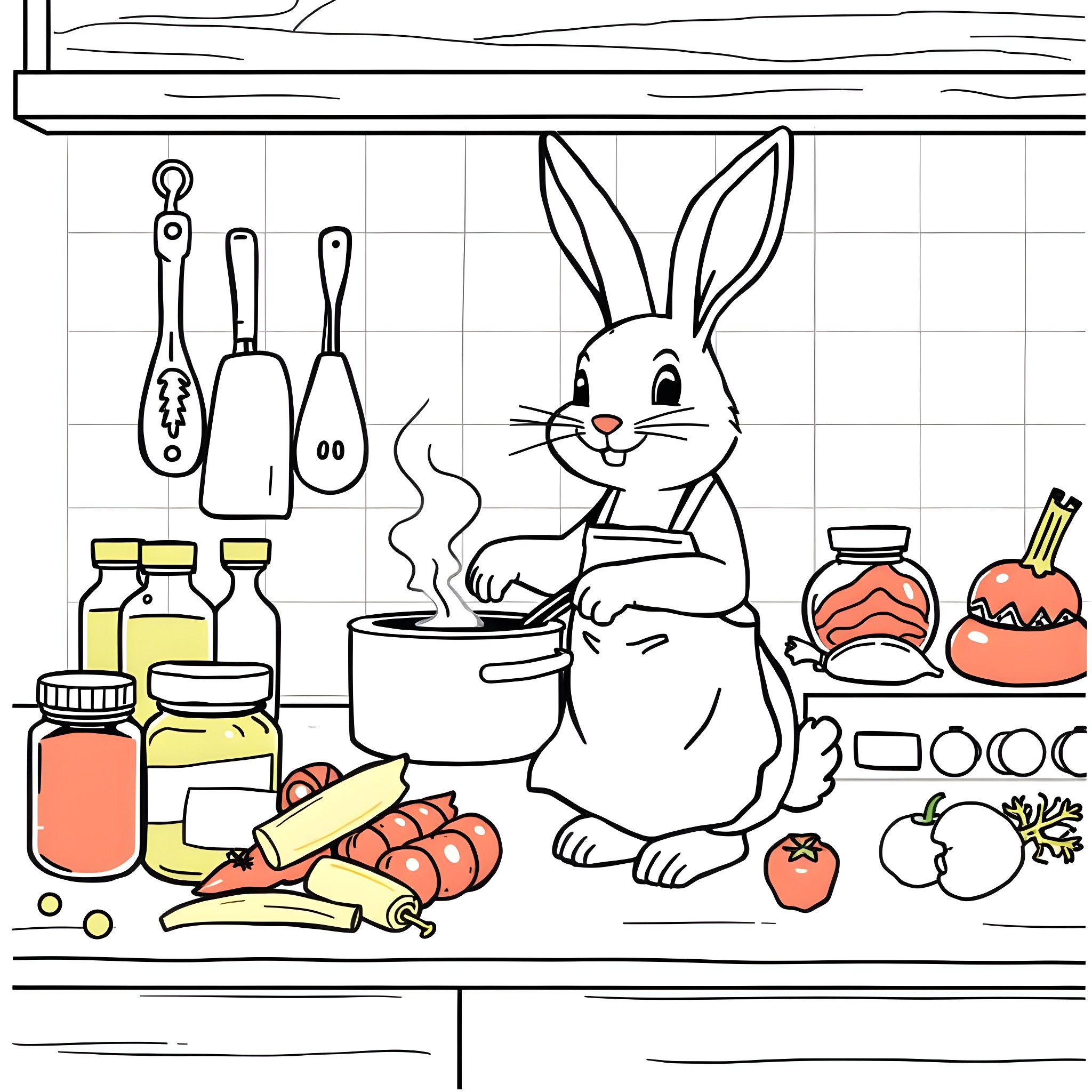 Bunny cooking delicious meal in the kitchen Coloring Page (free black-and-white line drawing printable PDF for all, from beginners to advanced learners, including children, teens, adults, and seniors)