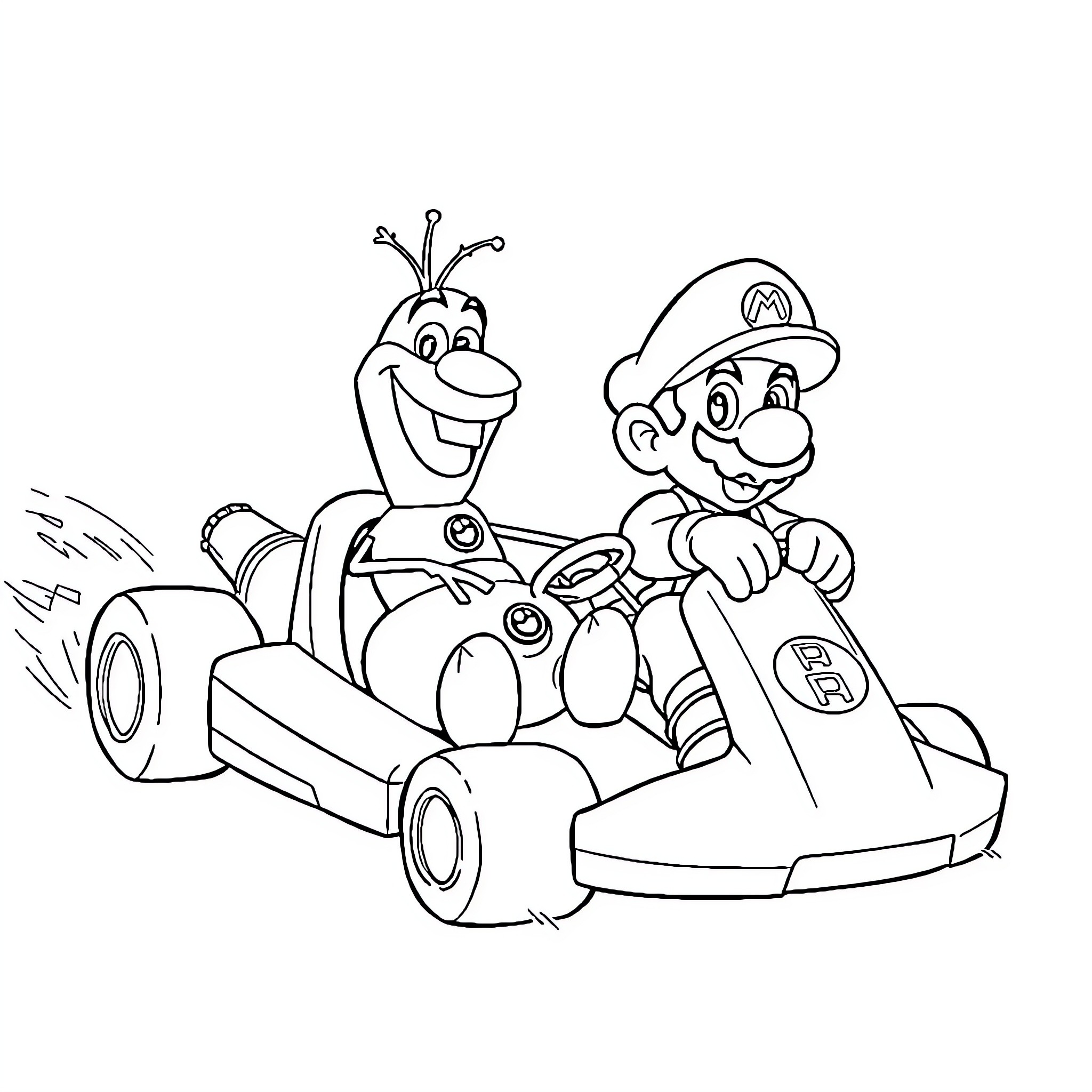 Olaf and Mario riding go-kart together Coloring Page (free black-and-white line drawing printable PDF for all, from beginners to advanced learners, including children, teens, adults, and seniors)