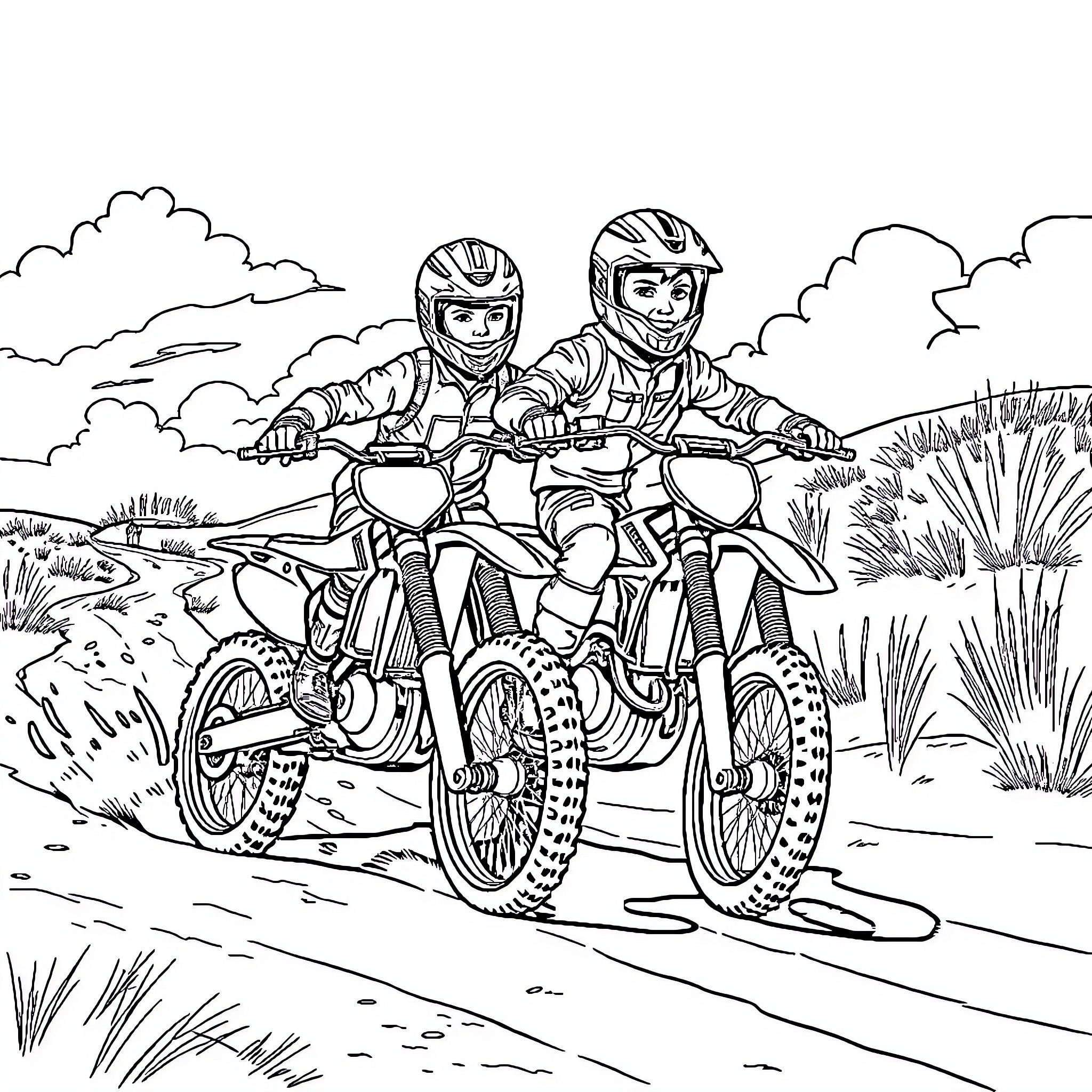 Twin riders racing through the countryside Coloring Page (free black-and-white line drawing printable PDF for all, from beginners to advanced learners, including children, teens, adults, and seniors)