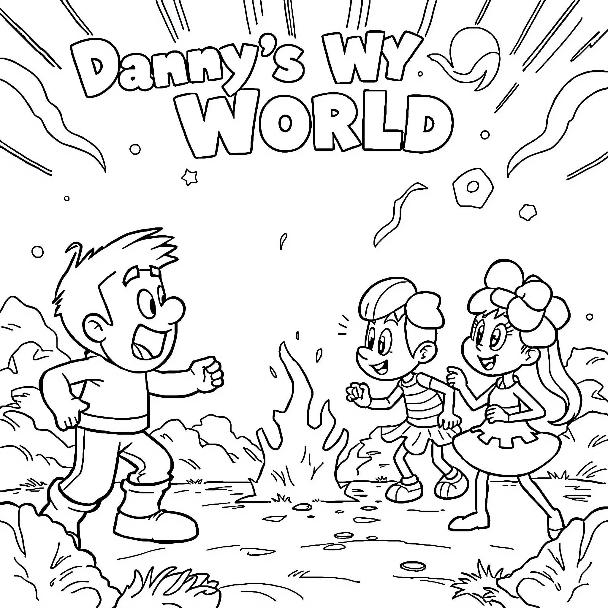 Characters playing and exploring in Danny's World Coloring Page (free black-and-white line drawing printable PDF for all, from beginners to advanced learners, including children, teens, adults, and seniors)