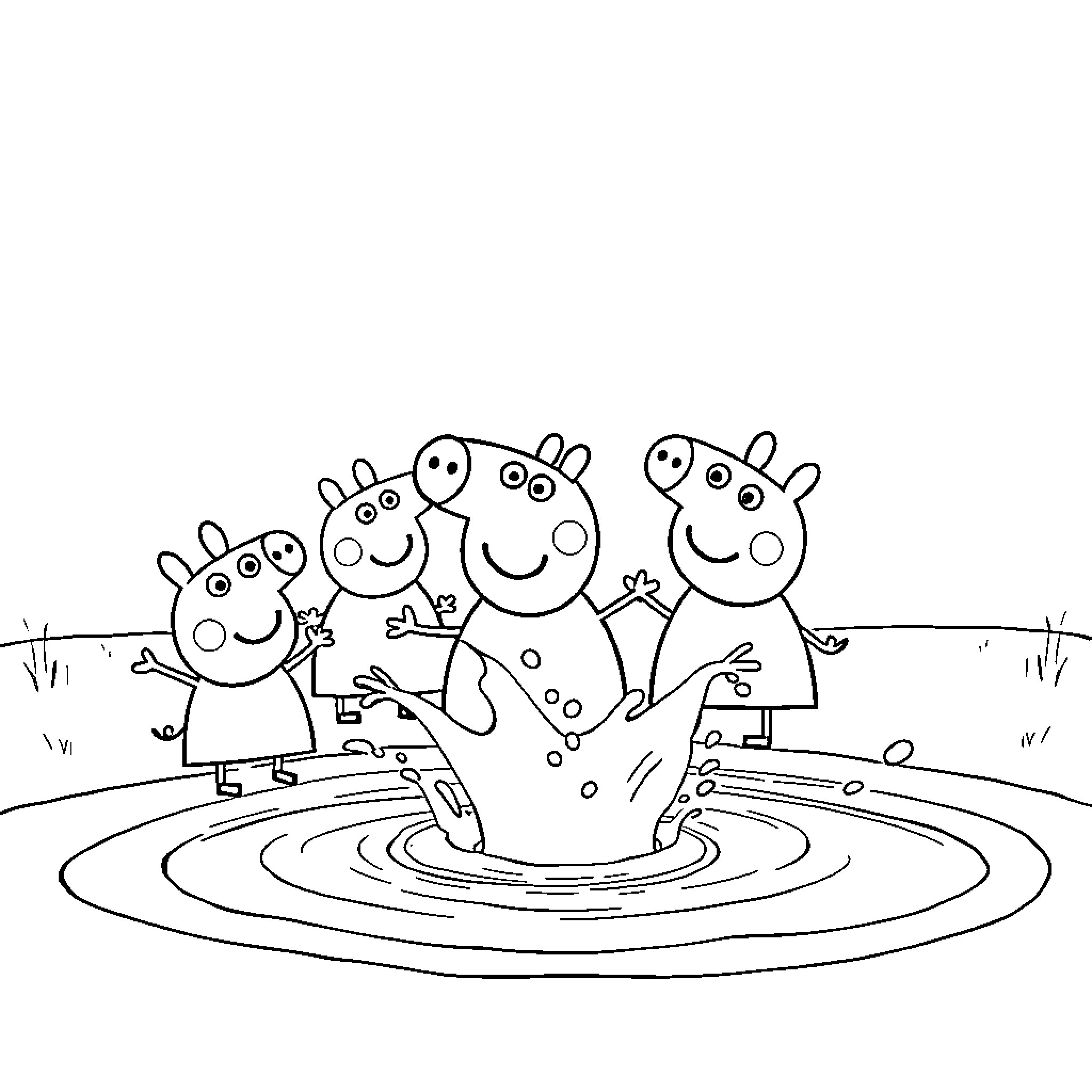 Peppa Pig and family playing in the puddle Coloring Page (free black-and-white line drawing printable PDF for all, from beginners to advanced learners, including children, teens, adults, and seniors)