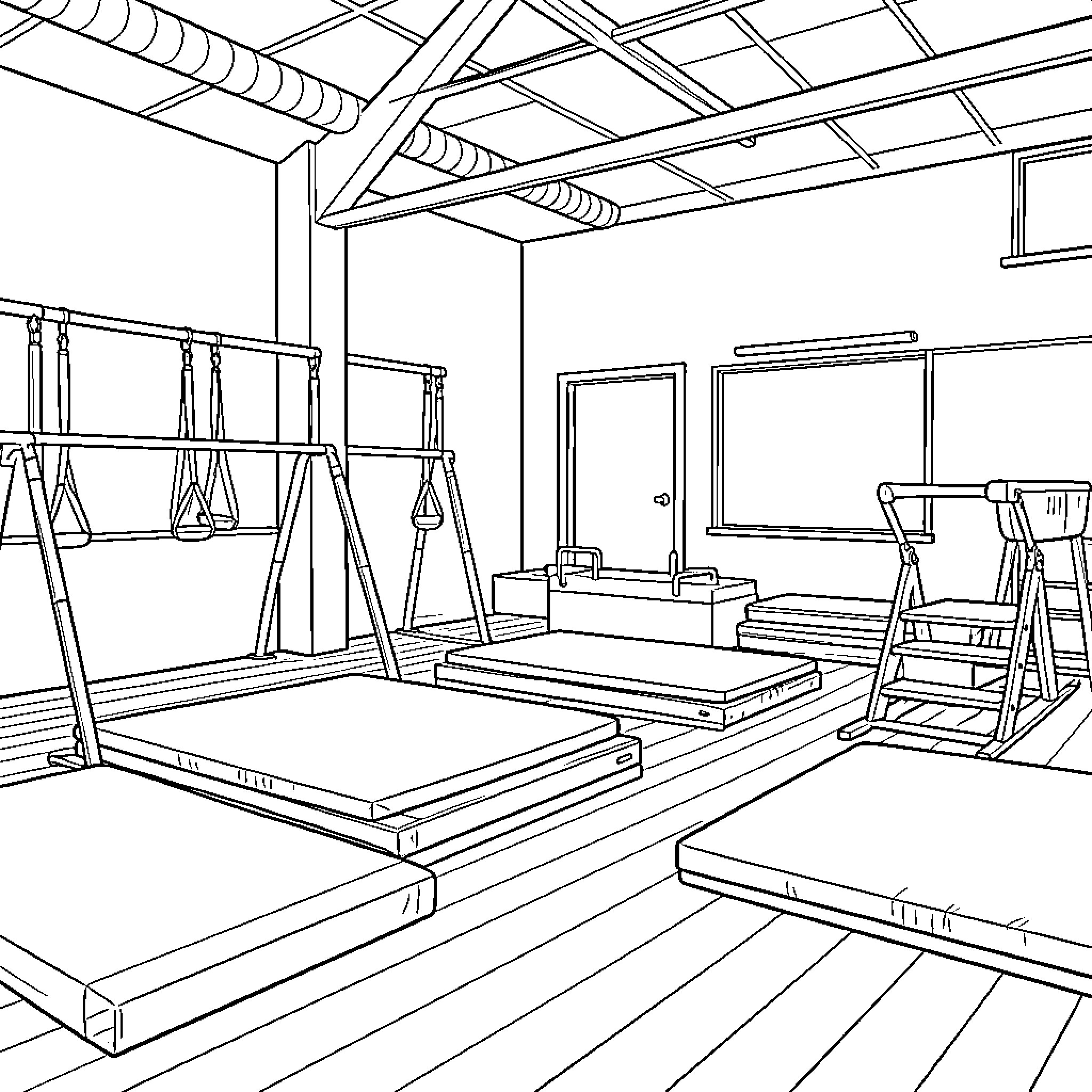 Gymnast training equipment in a professional studio Coloring Page (free black-and-white line drawing printable PDF for all, from beginners to advanced learners, including children, teens, adults, and seniors)
