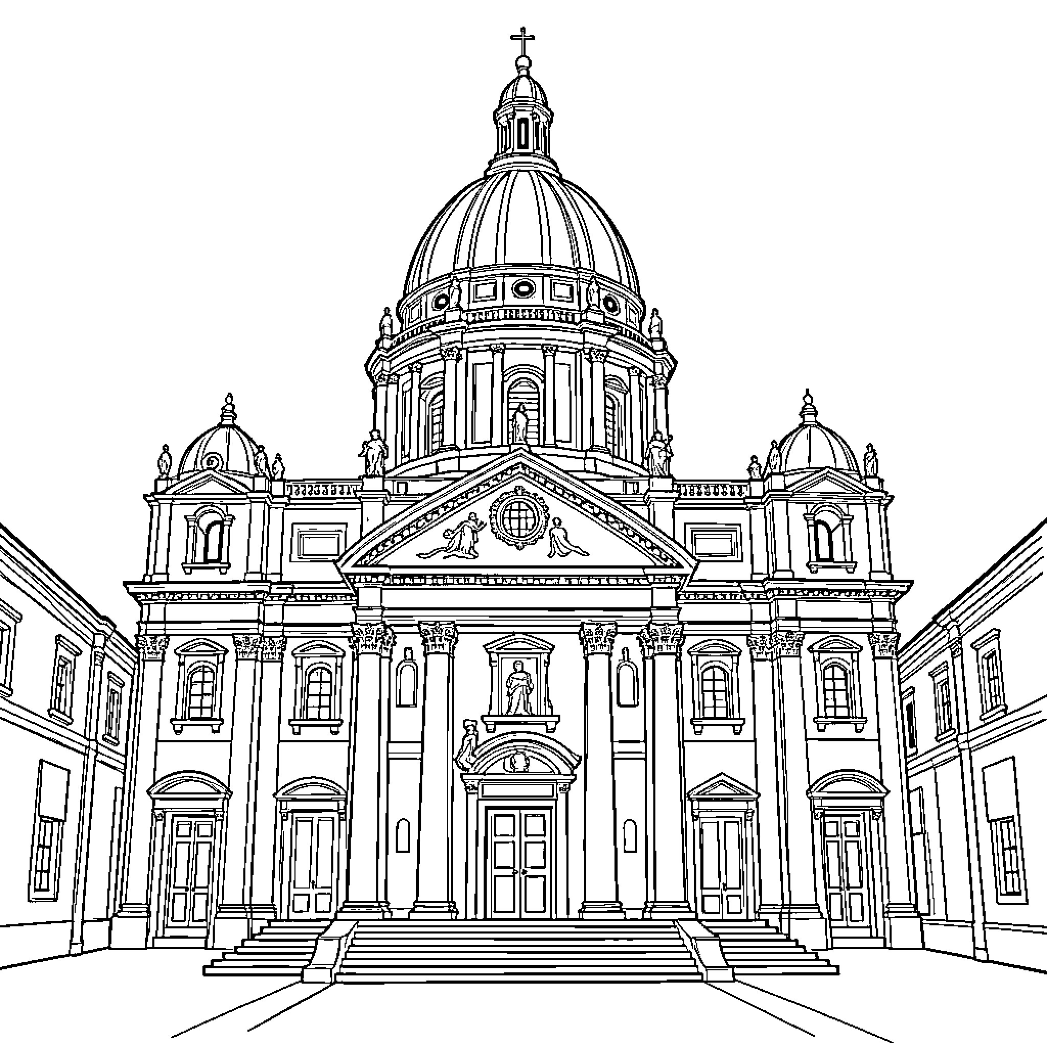 Saint Peter's Basilica standing grandly in a courtyard Coloring Page (free black-and-white line drawing printable PDF for all, from beginners to advanced learners, including children, teens, adults, and seniors)