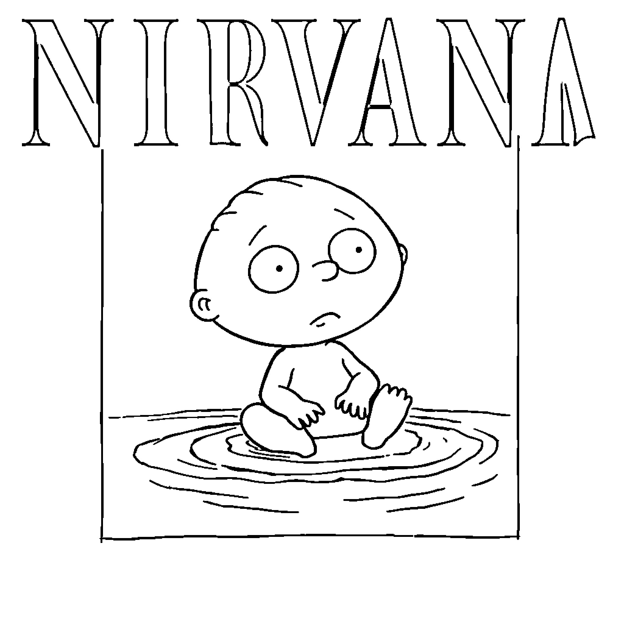 Stewie Griffin sitting in a puddle with a sad expression Coloring Page (free black-and-white line drawing printable PDF for all, from beginners to advanced learners, including children, teens, adults, and seniors)
