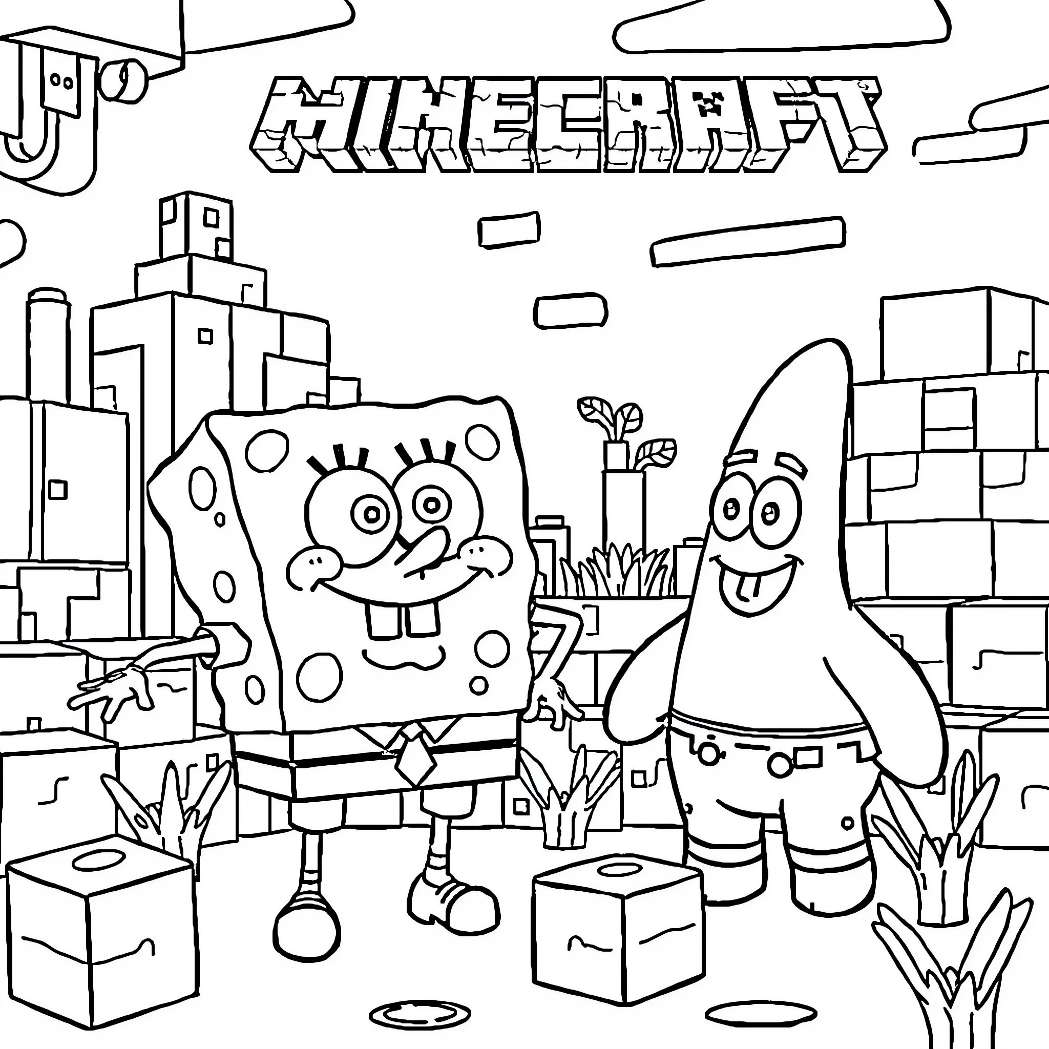 Spongebob and Patrick in a Minecraft-inspired world Coloring Page (free black-and-white line drawing printable PDF for all, from beginners to advanced learners, including children, teens, adults, and seniors)