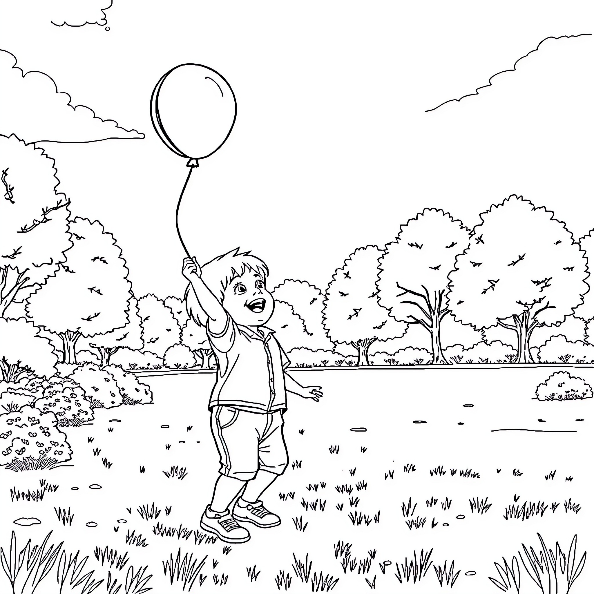Child playing joyfully with balloon in park Coloring Page (free black-and-white line drawing printable PDF for all, from beginners to advanced learners, including children, teens, adults, and seniors)