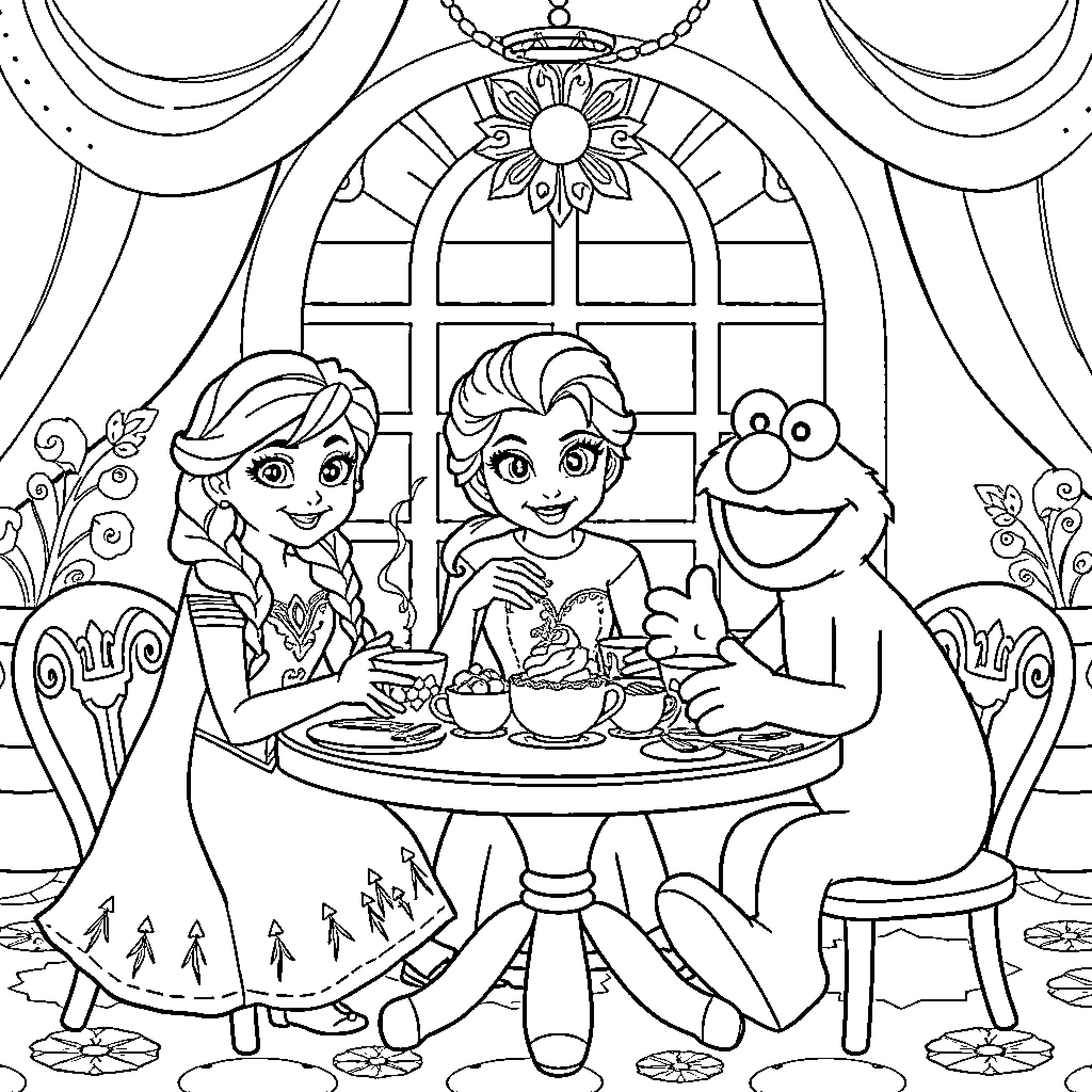 Anna's Delightful Tea Party with Friends Coloring Page (free black-and-white line drawing printable PDF for all, from beginners to advanced learners, including children, teens, adults, and seniors)